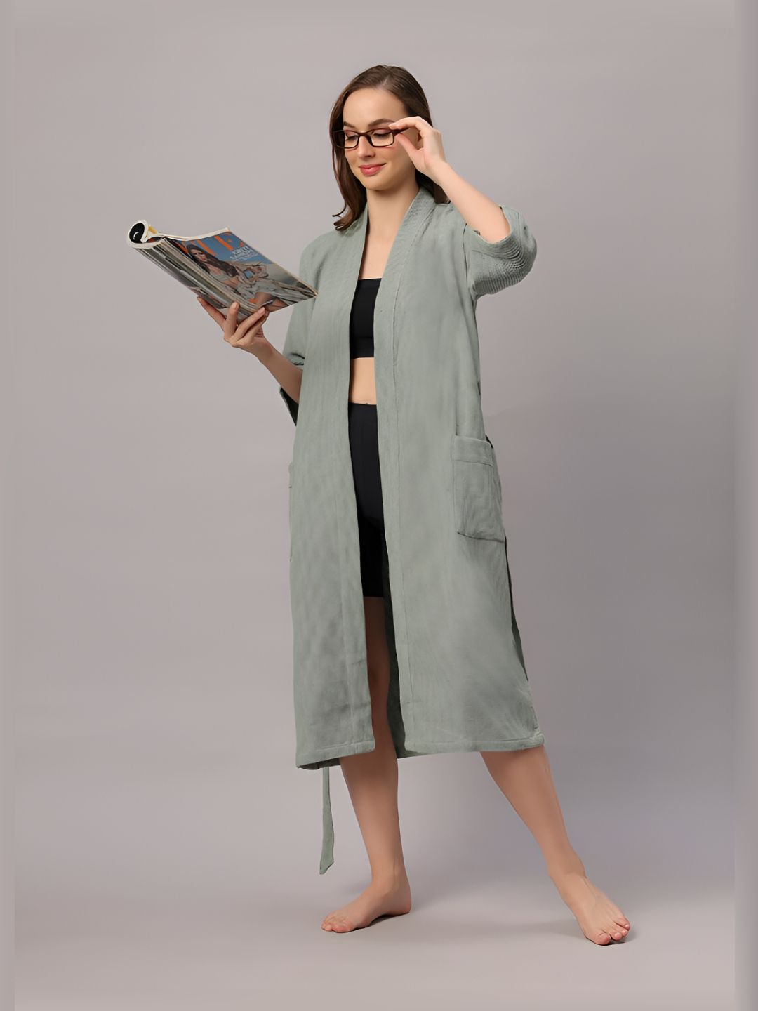 HotGown Green Waffle Textured Cotton Bath Robe