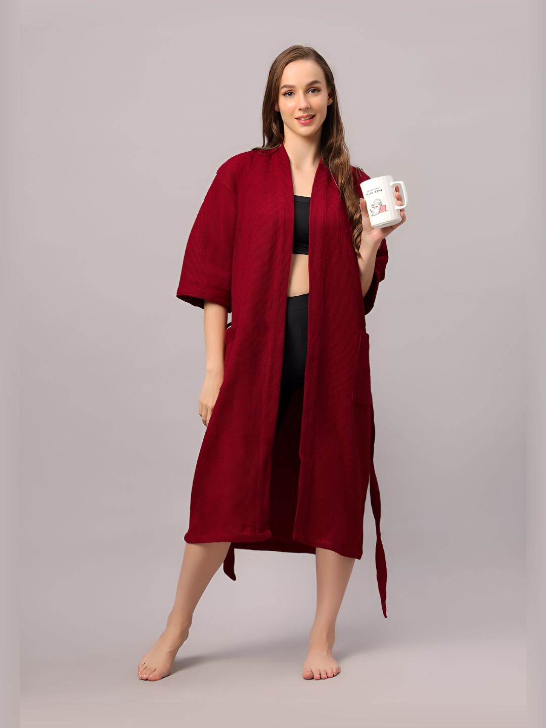HotGown Maroon Waffle Textured Cotton Bath Robe