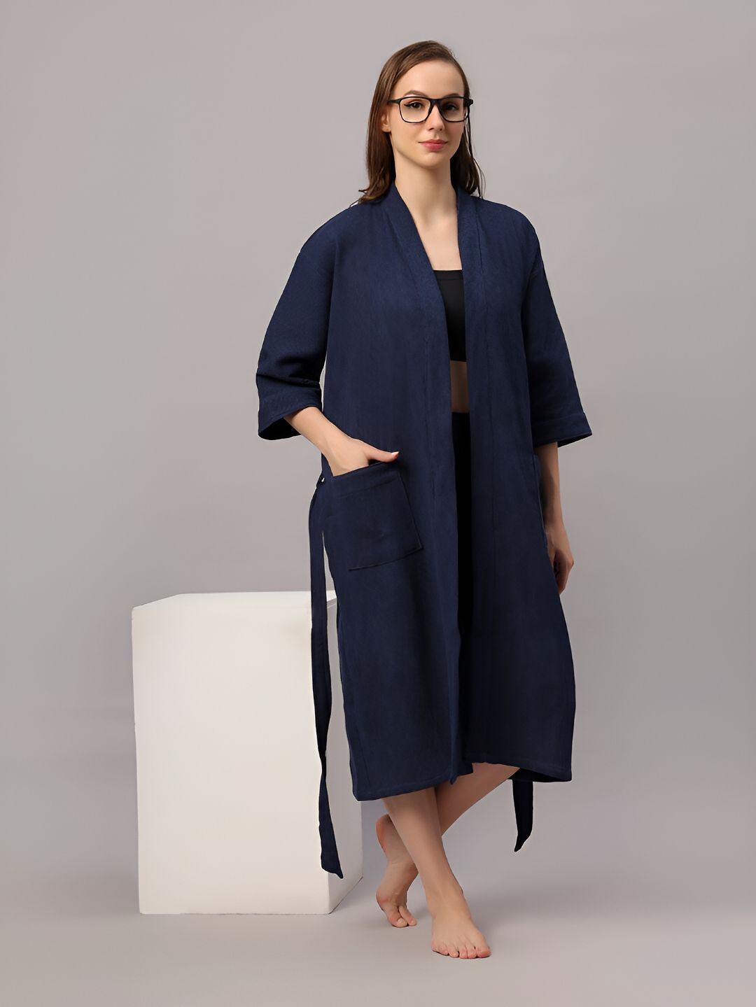 HotGown Navy Blue Waffle Textured Cotton Bath Robe