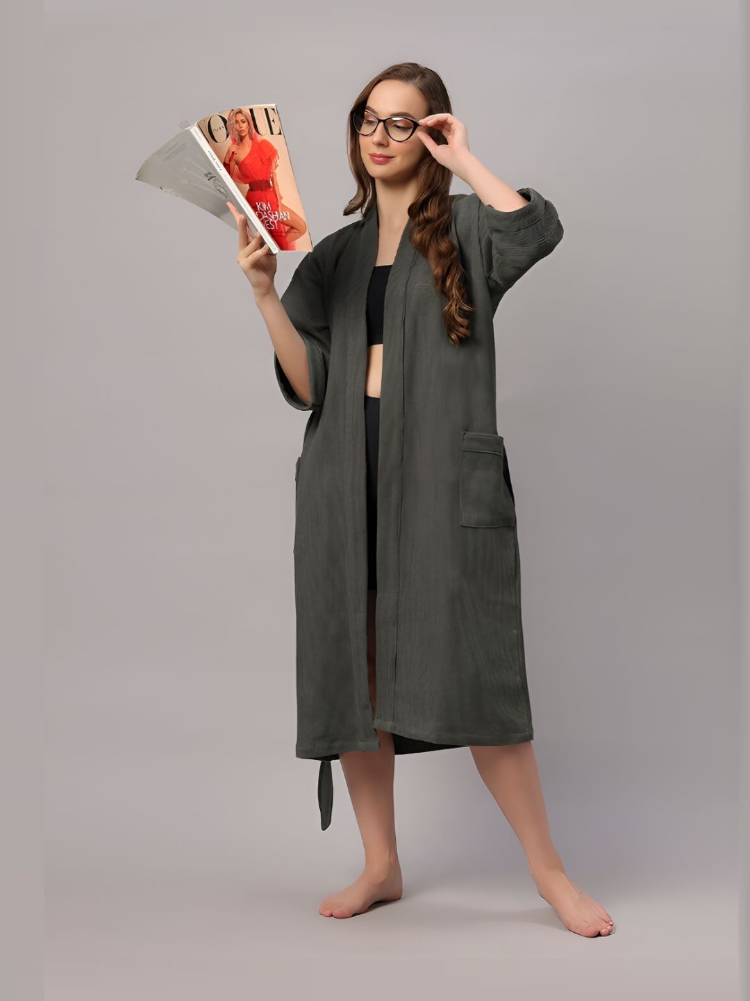 HotGown Grey Waffle Textured Cotton Bath Robe