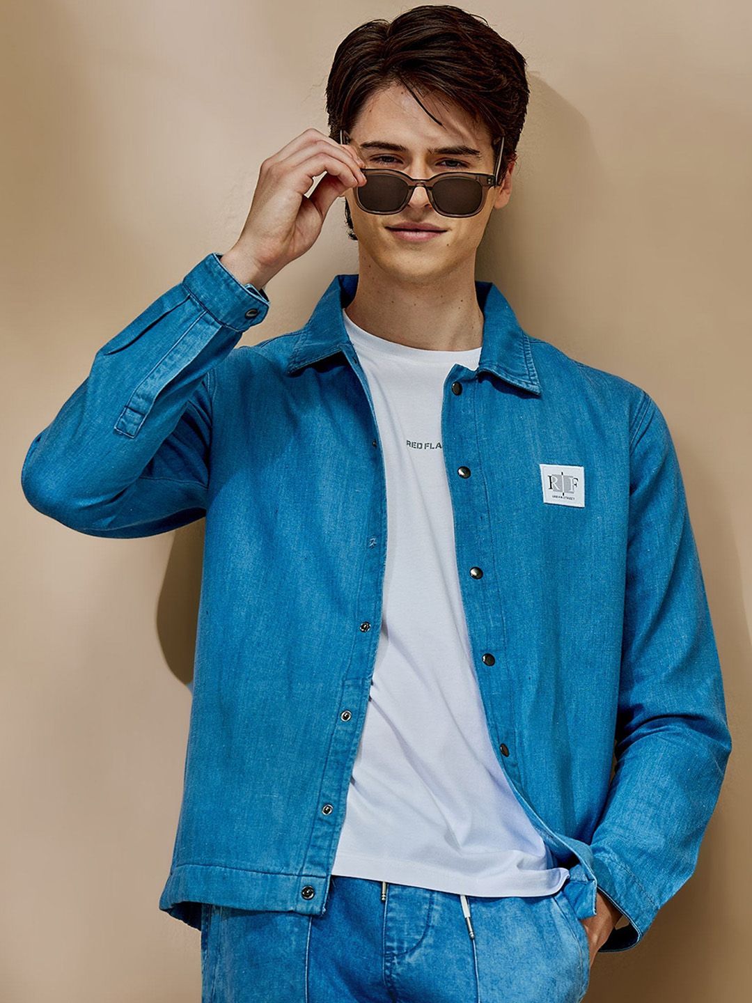 Red Flame Spread Collar Long Sleeves Linen Cotton Denim Jacket