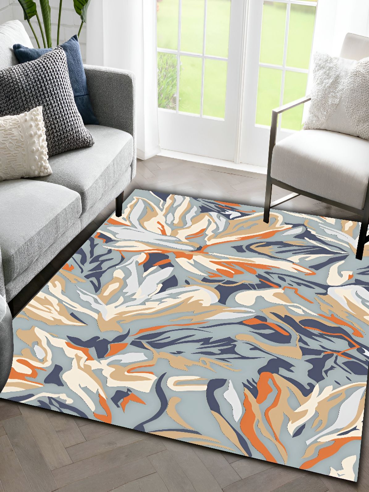Sparrow world Orange & Brown Floral Printed Anti Skid Rectangle Carpet