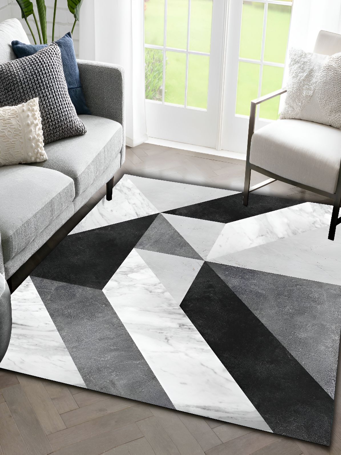 Sparrow world Grey & Black Geometric Printed Anti Skid Rectangle Carpet
