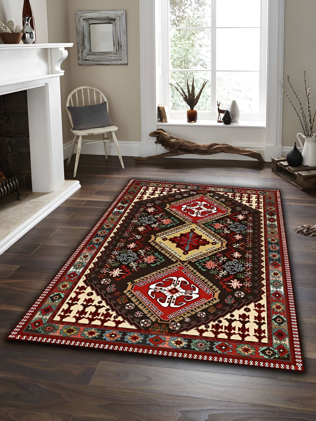 Sparrow world Brown & Red Bohemian Printed Anti Skid Rectangle Carpet