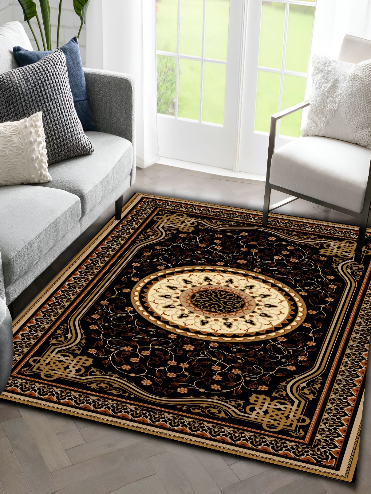 Sparrow world Brown & Cream Bohemian Printed Anti Skid Rectangle Carpet
