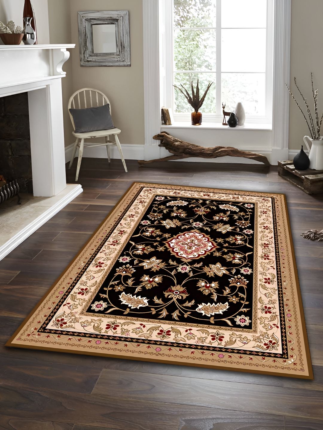 Sparrow world Black & Cream Bohemian Printed Anti Skid Rectangle Carpet