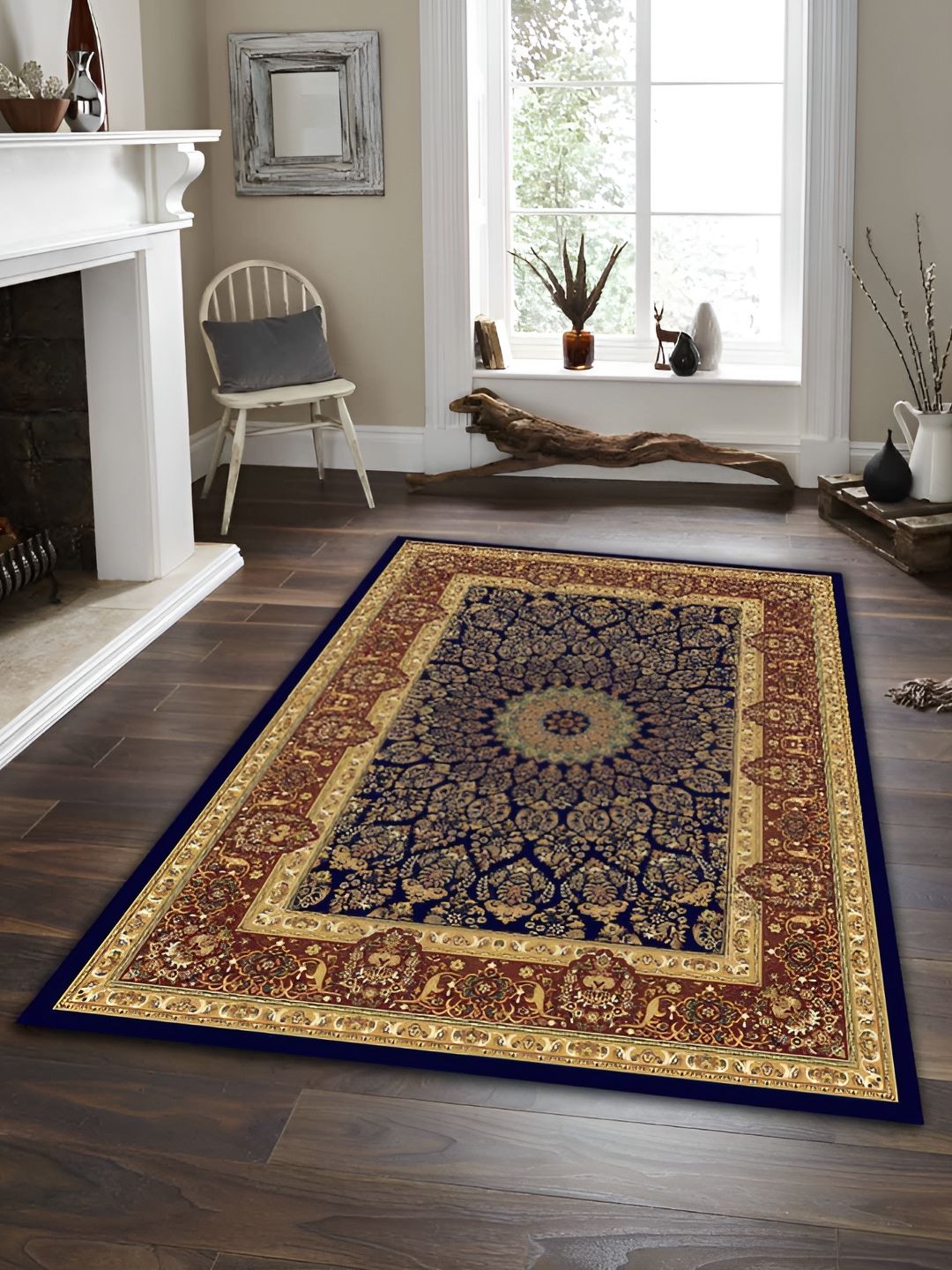 Sparrow world Brown & Navy Blue Bohemian Printed Anti Skid Rectangle Carpet
