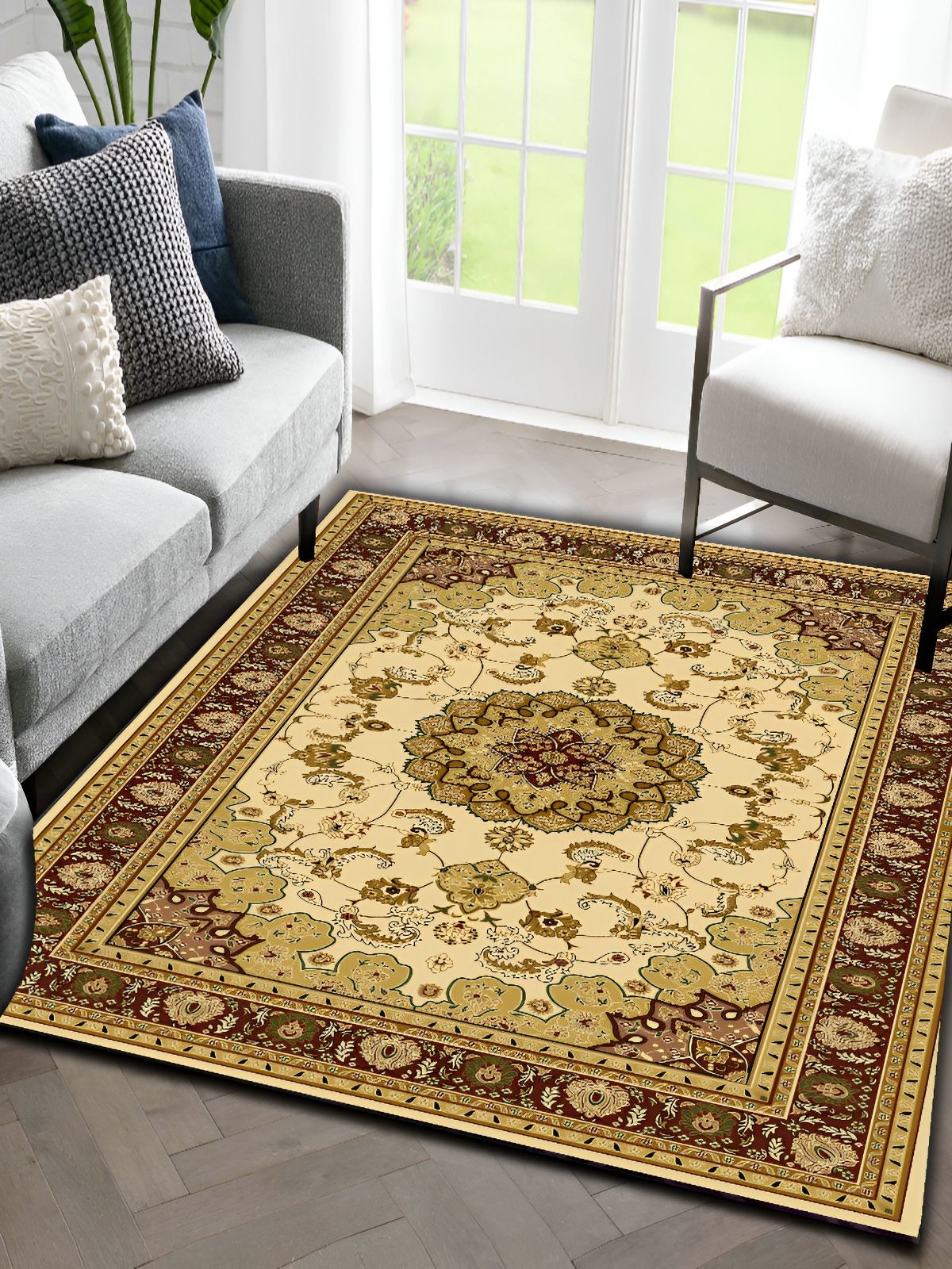 Sparrow world Cream & Green Bohemian Printed Anti Skid Rectangle Carpet