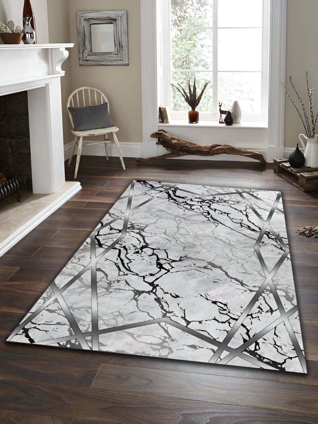 Sparrow world White & Black Abstract Printed Anti Skid Rectangle Carpet