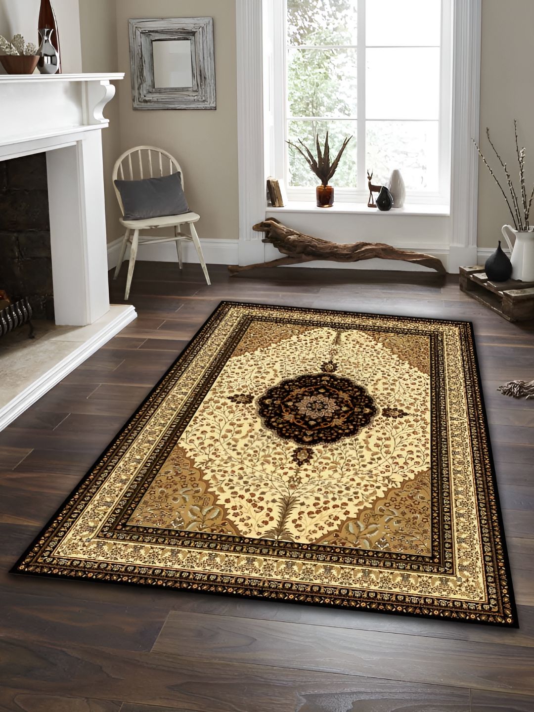 Sparrow world Mustard Yellow & Cream Bohemian Printed Anti Skid Rectangle Carpet