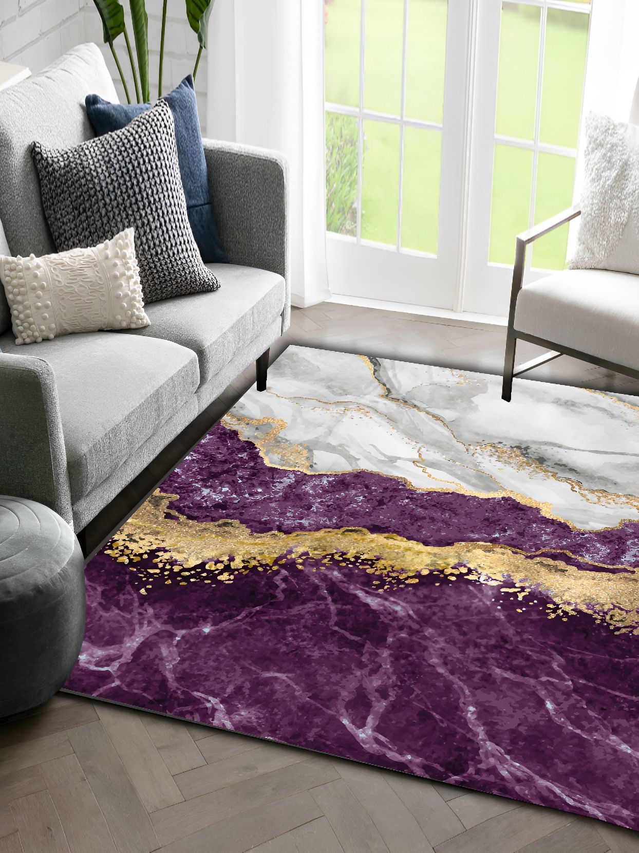 Sparrow world Purple & Gold Toned Abstract Printed Anti Skid Rectangle Carpet
