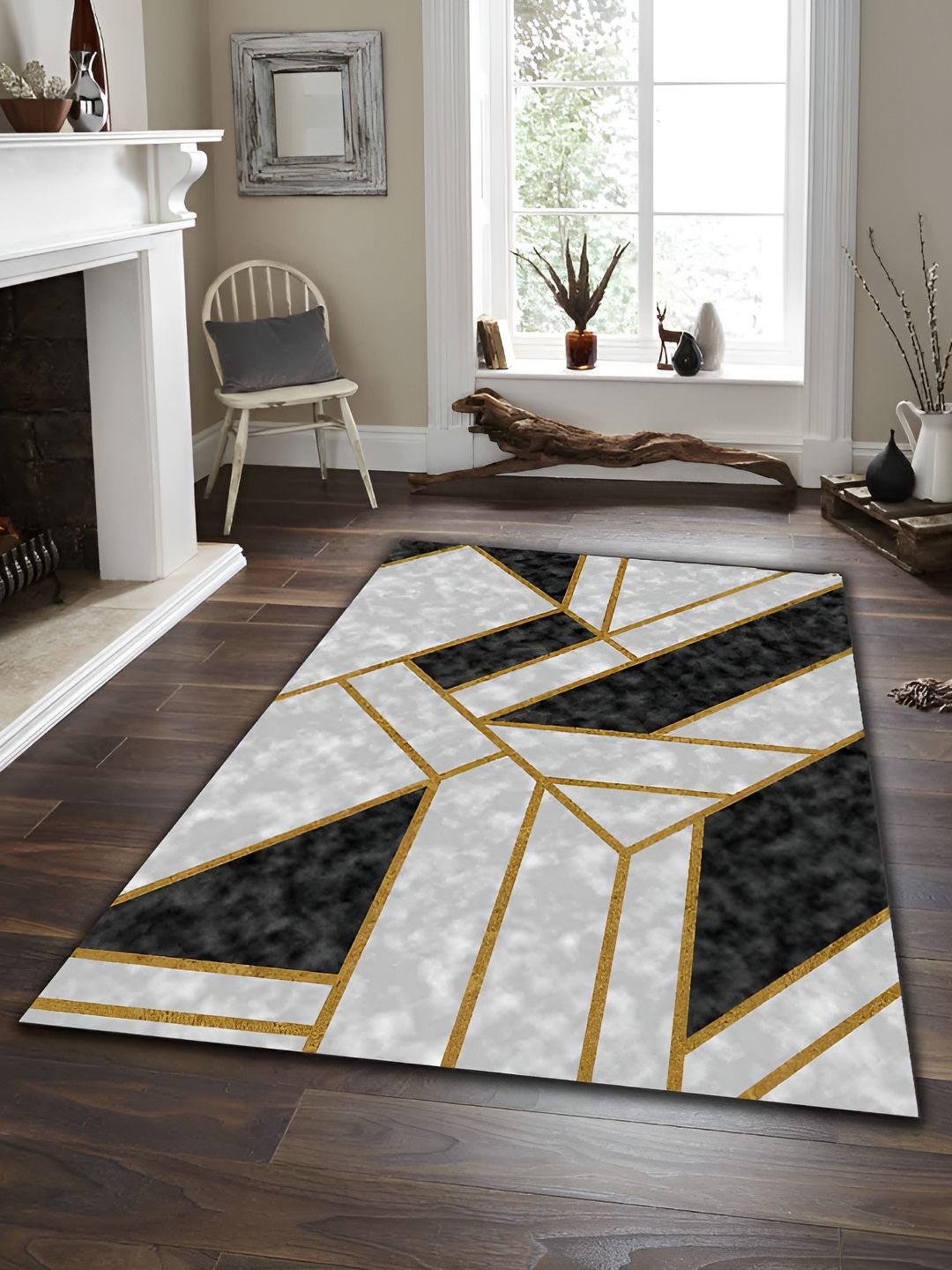 Sparrow world Mustard Yellow & White Geometric Printed Anti Skid Rectangle Carpet