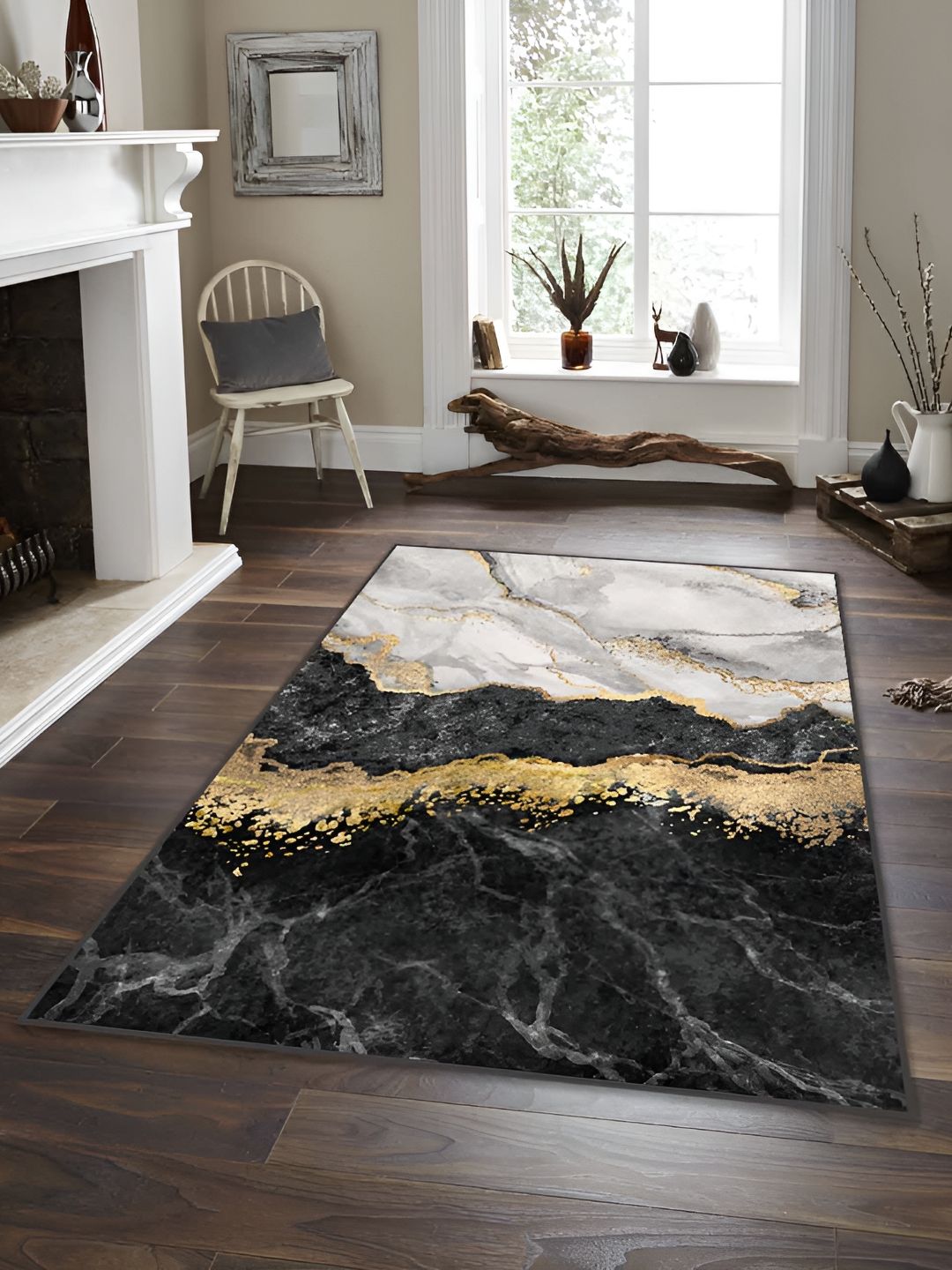Sparrow world Black & Gold Toned Abstract Printed Anti Skid Rectangle Carpet