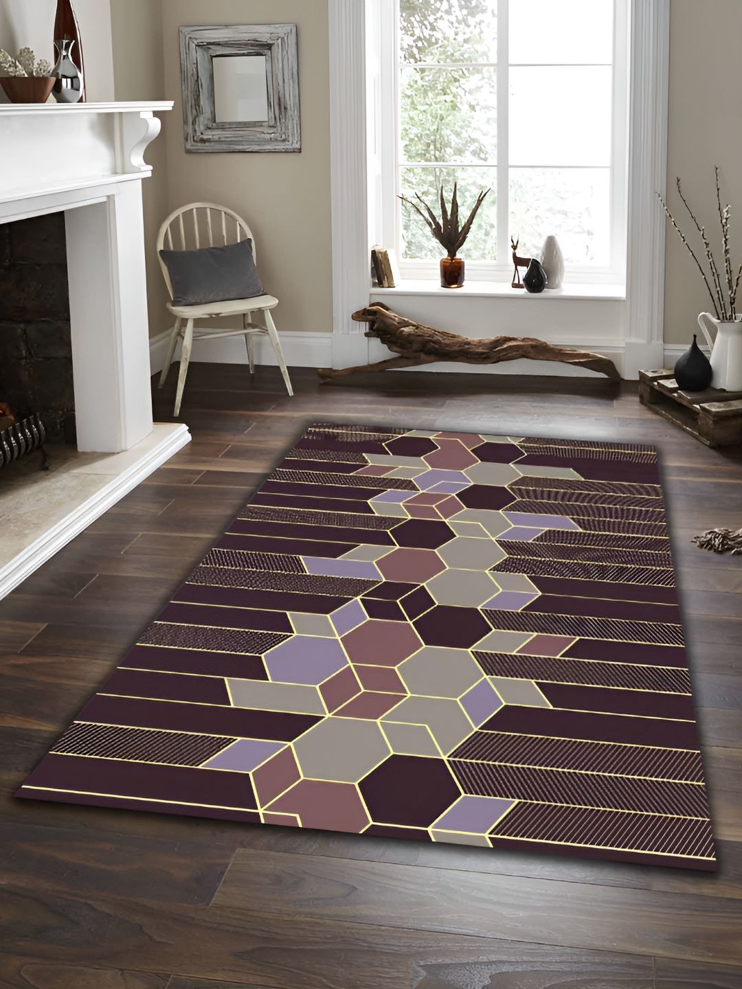 Sparrow world Purple & Mauve Geometric Printed Anti Skid Rectangle Carpet
