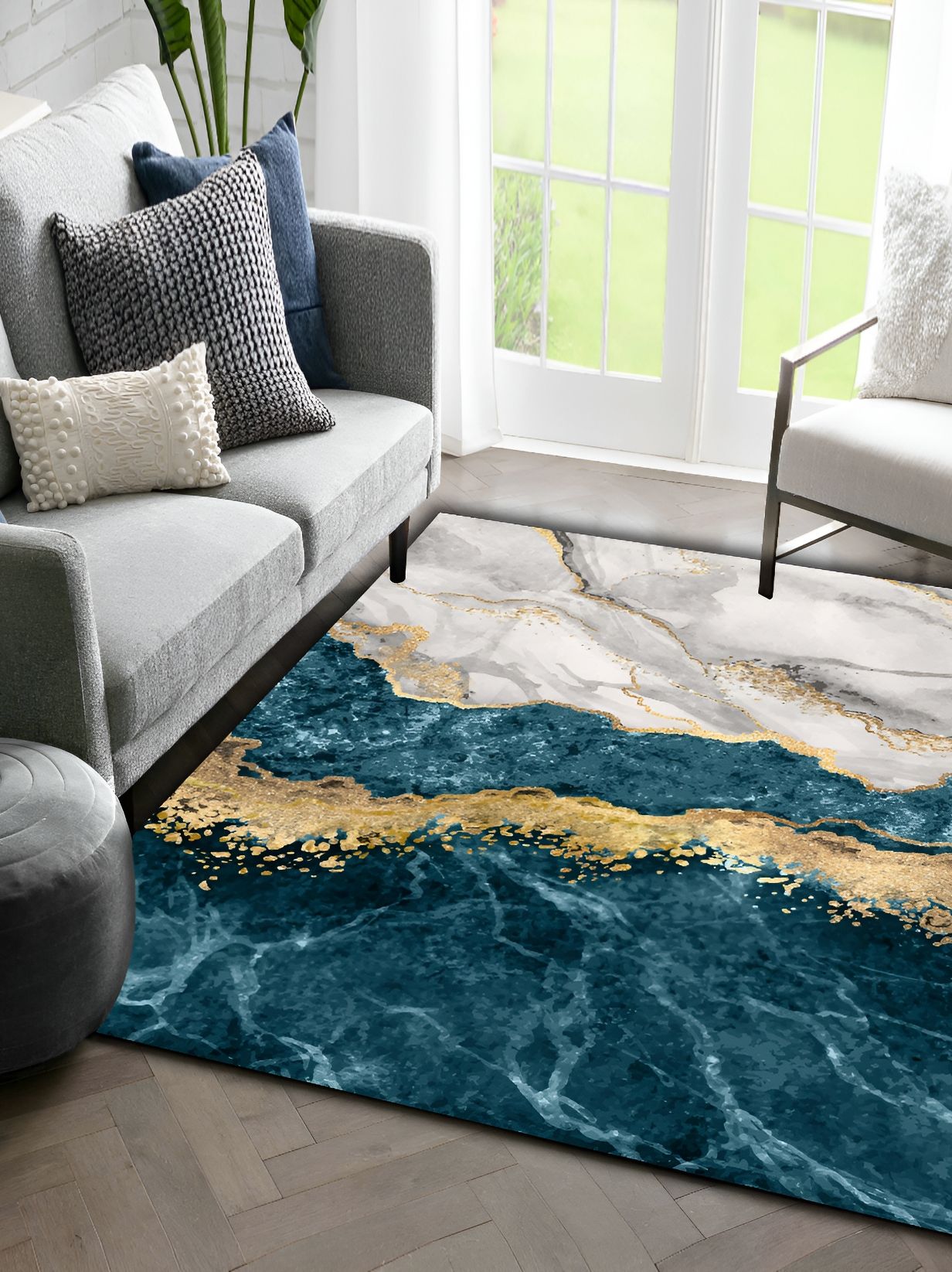 Sparrow world Teal Green & Gold Toned Abstract Printed Anti Skid Rectangle Carpet