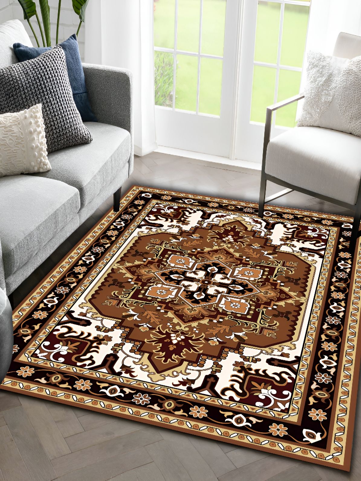 Sparrow world Brown & White Bohemian Printed Anti Skid Rectangle Carpet