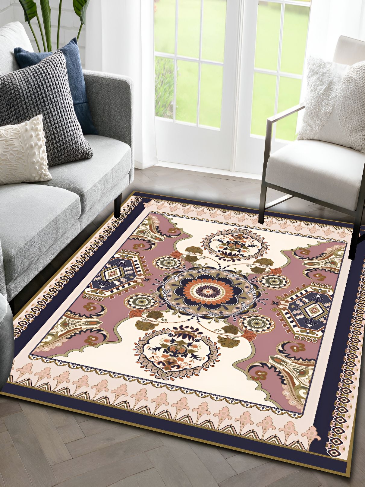 Sparrow world Peach & White Bohemian Printed Anti Skid Rectangle Carpet