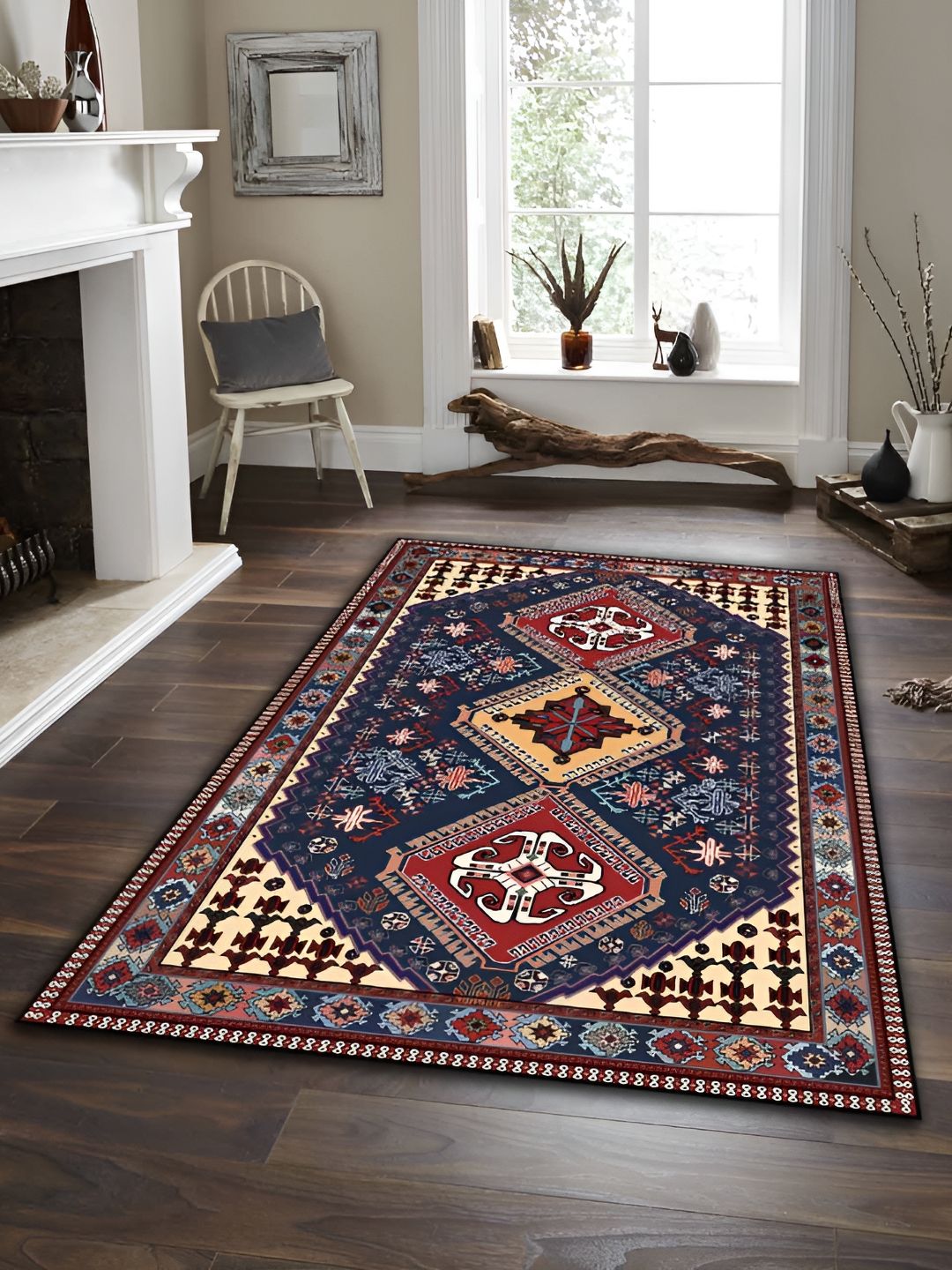 Sparrow world Maroon & Blue Bohemian Printed Anti Skid Rectangle Carpet