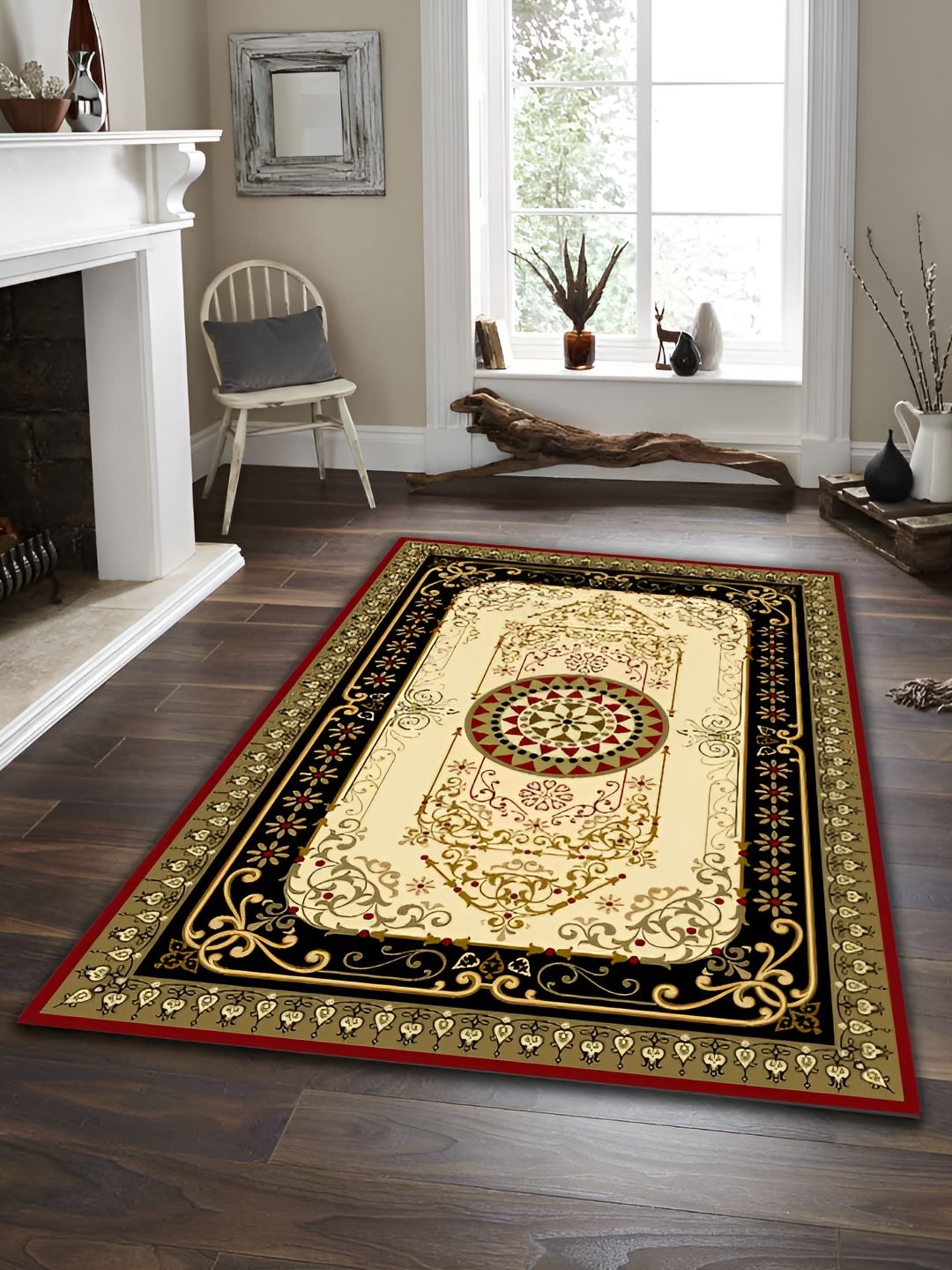 Sparrow world Green & Cream Bohemian Printed Anti Skid Rectangle Carpet