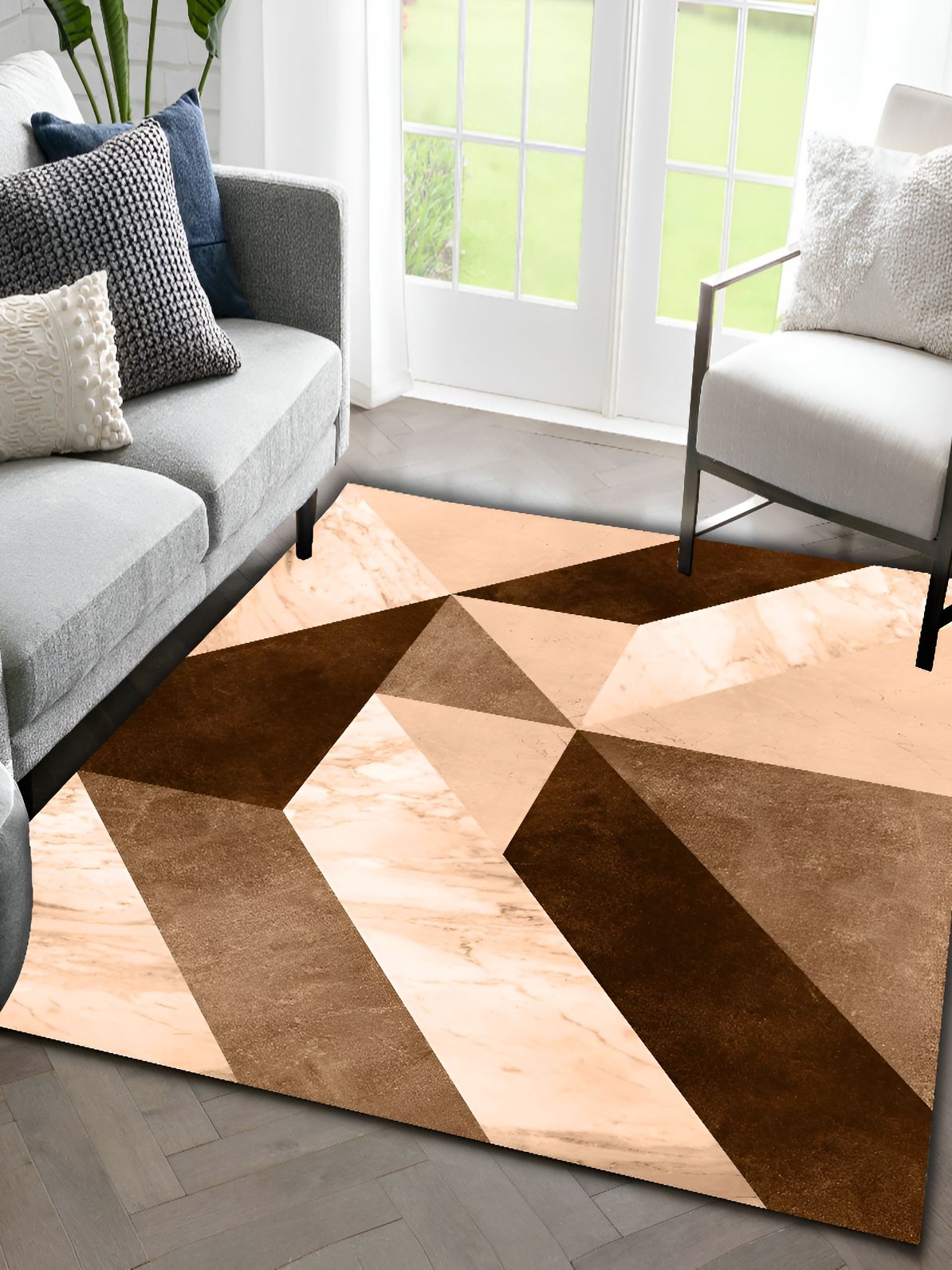 Sparrow world Brown & Peach Geometric Printed Anti Skid Rectangle Carpet