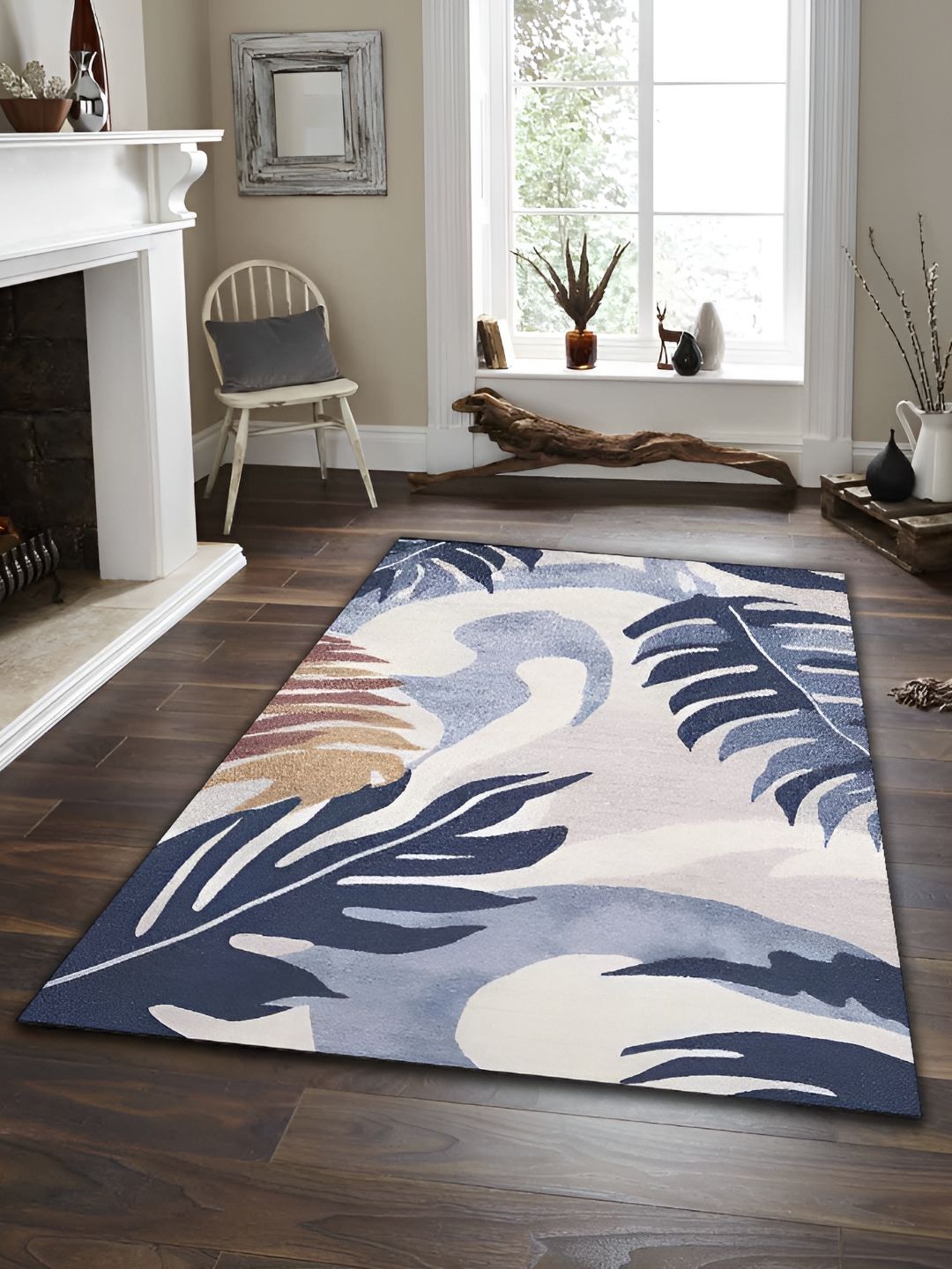 Sparrow world Blue & Cream Floral Printed Anti Skid Rectangle Carpet