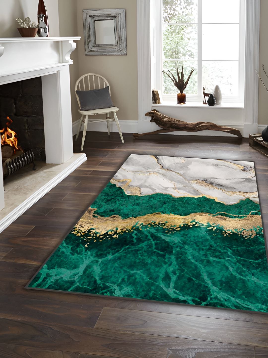 Sparrow world Green & Gold Toned Abstract Printed Anti Skid Rectangle Carpet