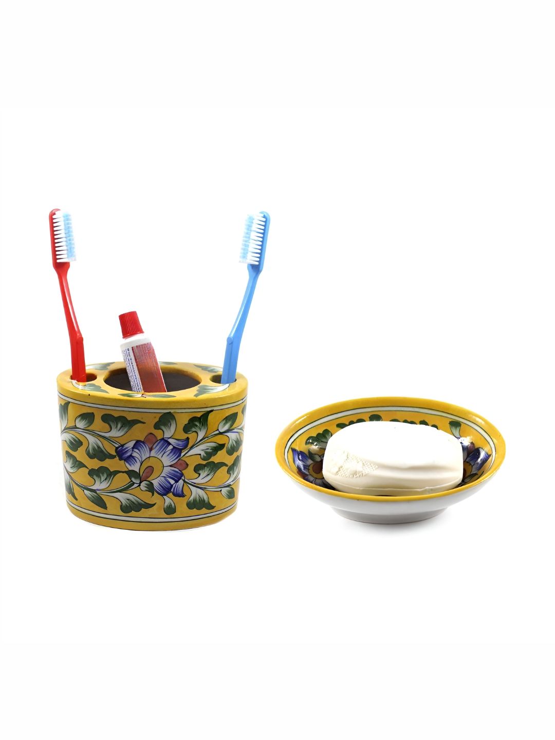 INDIA MEETS INDIA Yellow 2 Pieces Printed Ceramic Bath Accessories Set