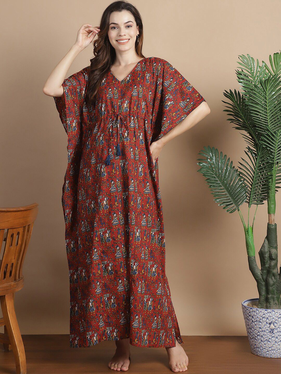 Secret Wish Secret Wish Ethnic Printed V-Neck Cotton Maternity Kaftan Dress