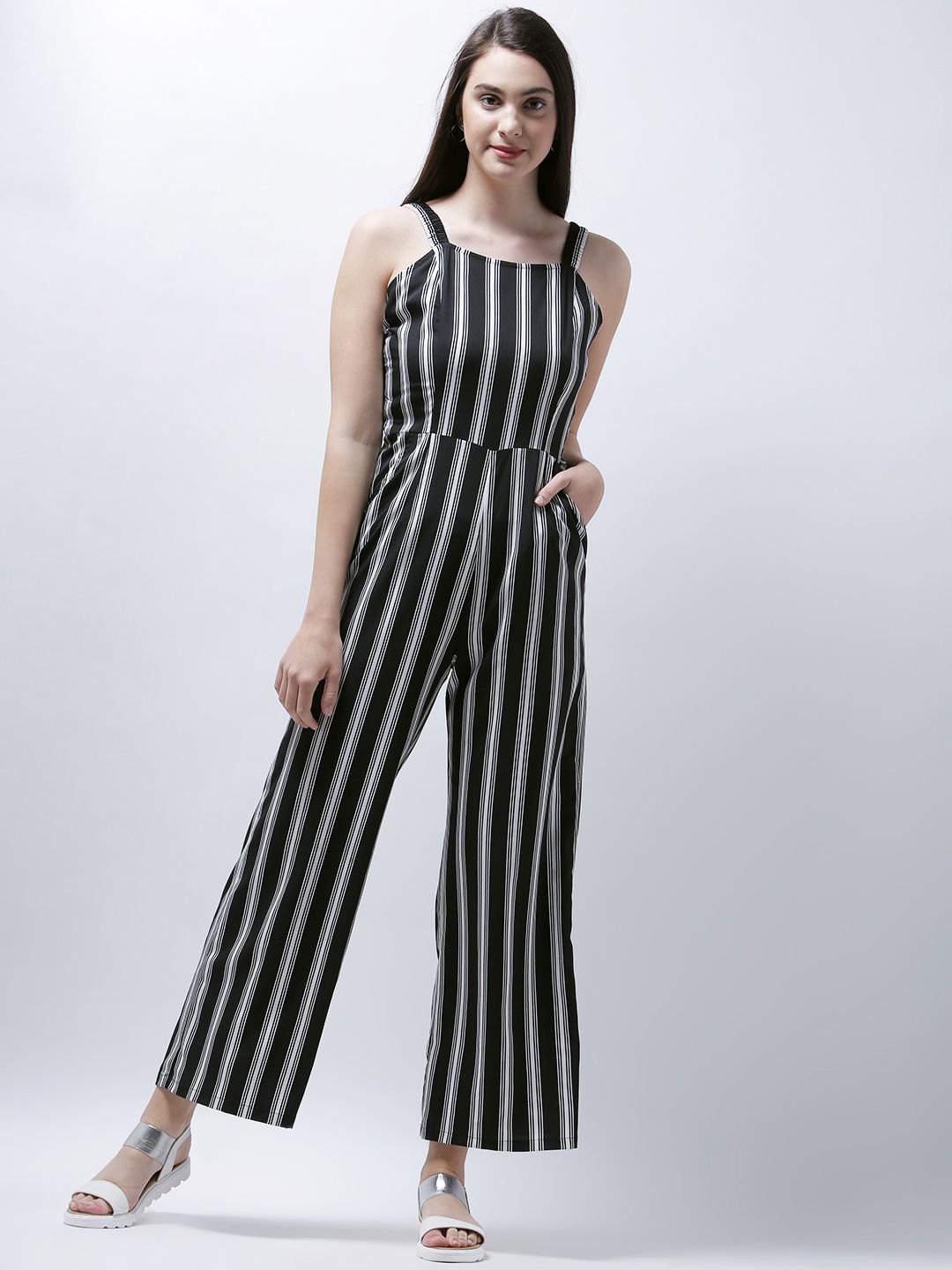 Zastraa Black & White Striped Culotte Jumpsuit Price in India