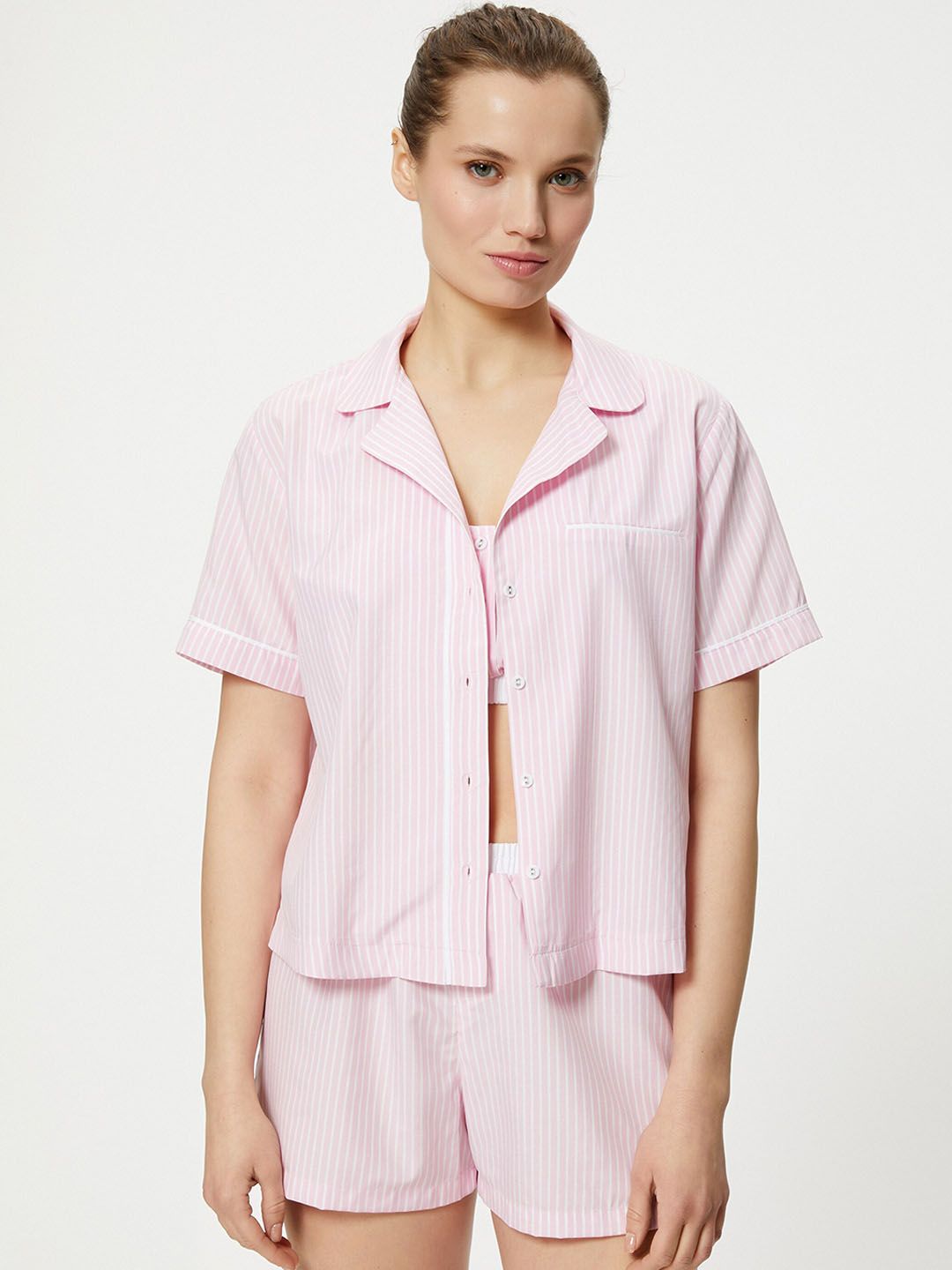 Koton Striped Lapel Collar Shirt With Shorts