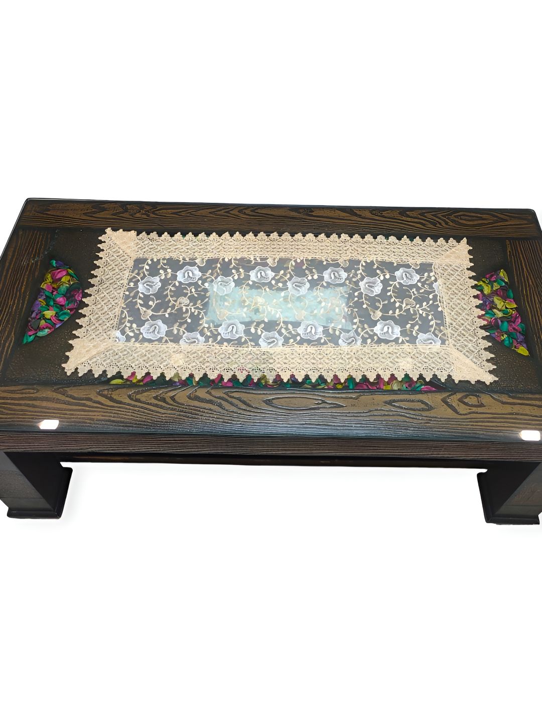 MONKDECOR White & Beige Embroidered Rectangular Table Runner