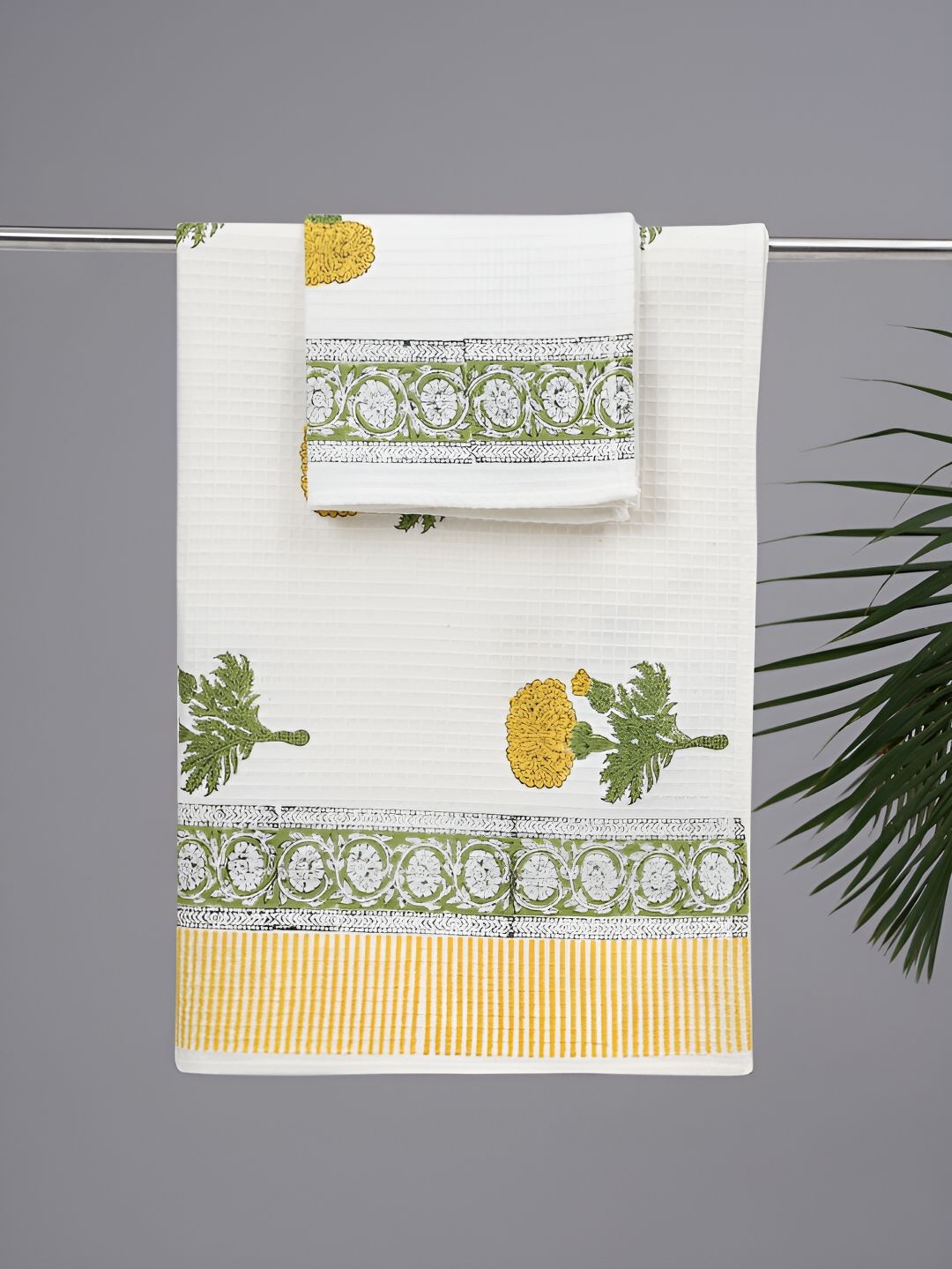 Peepul Tree White & Yellow 2 Piece Printed Cotton 300 GSM Towel Set