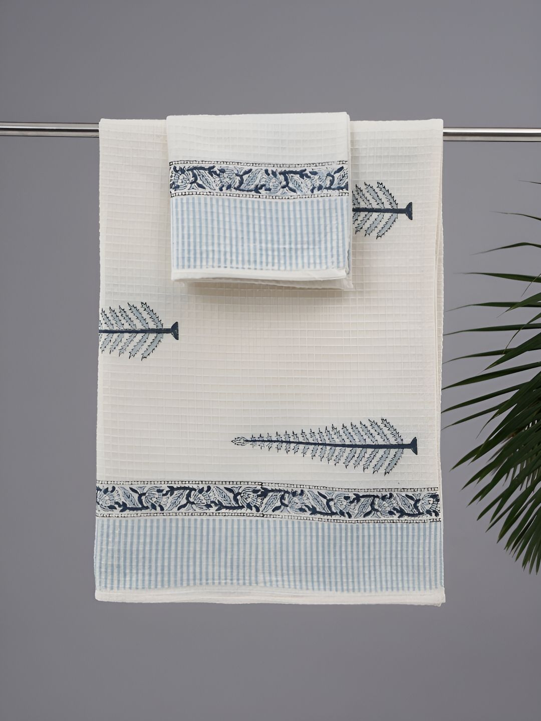 Peepul Tree White & Blue 2 Pieces Printed Cotton 300 GSM Towel Set