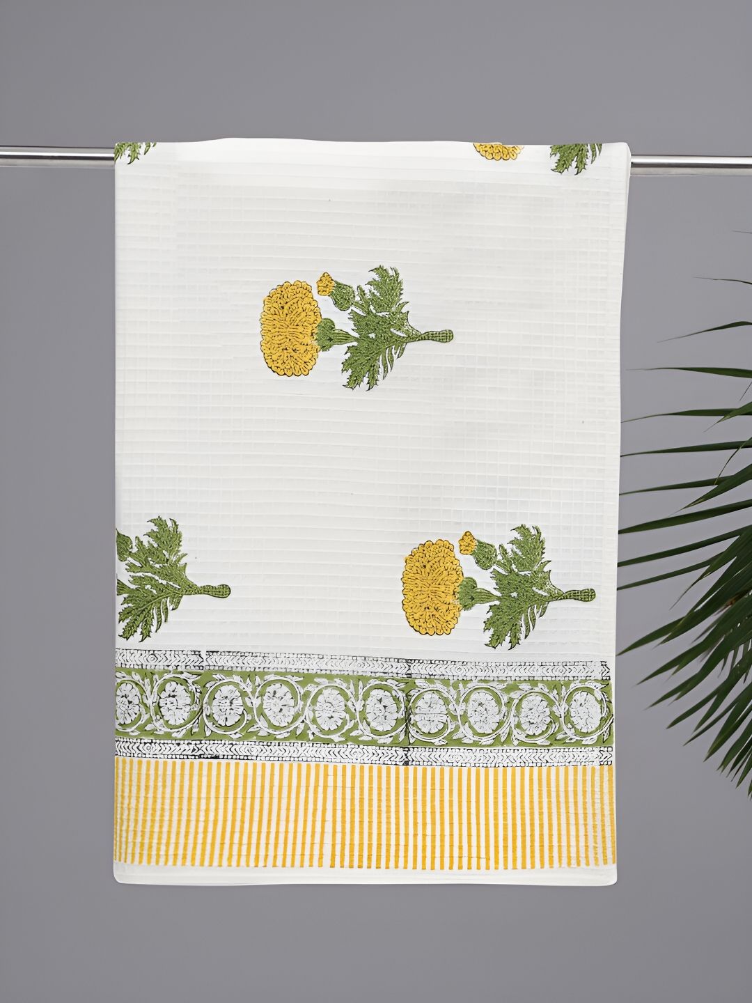 Peepul Tree White & Yellow Printed Cotton 300 GSM Bath Towel