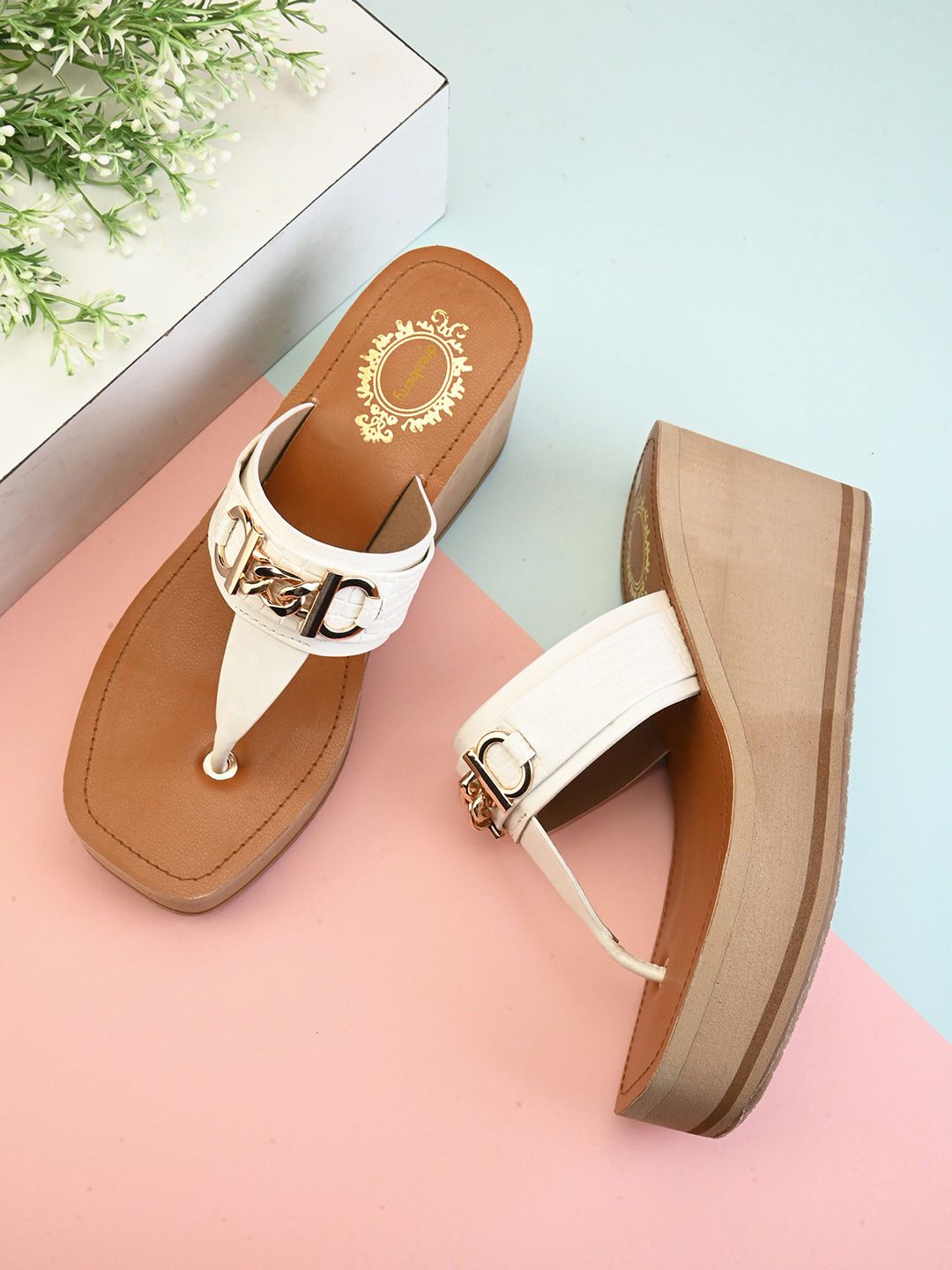 DressBerry White Embellished Open Toe Wedge Heels