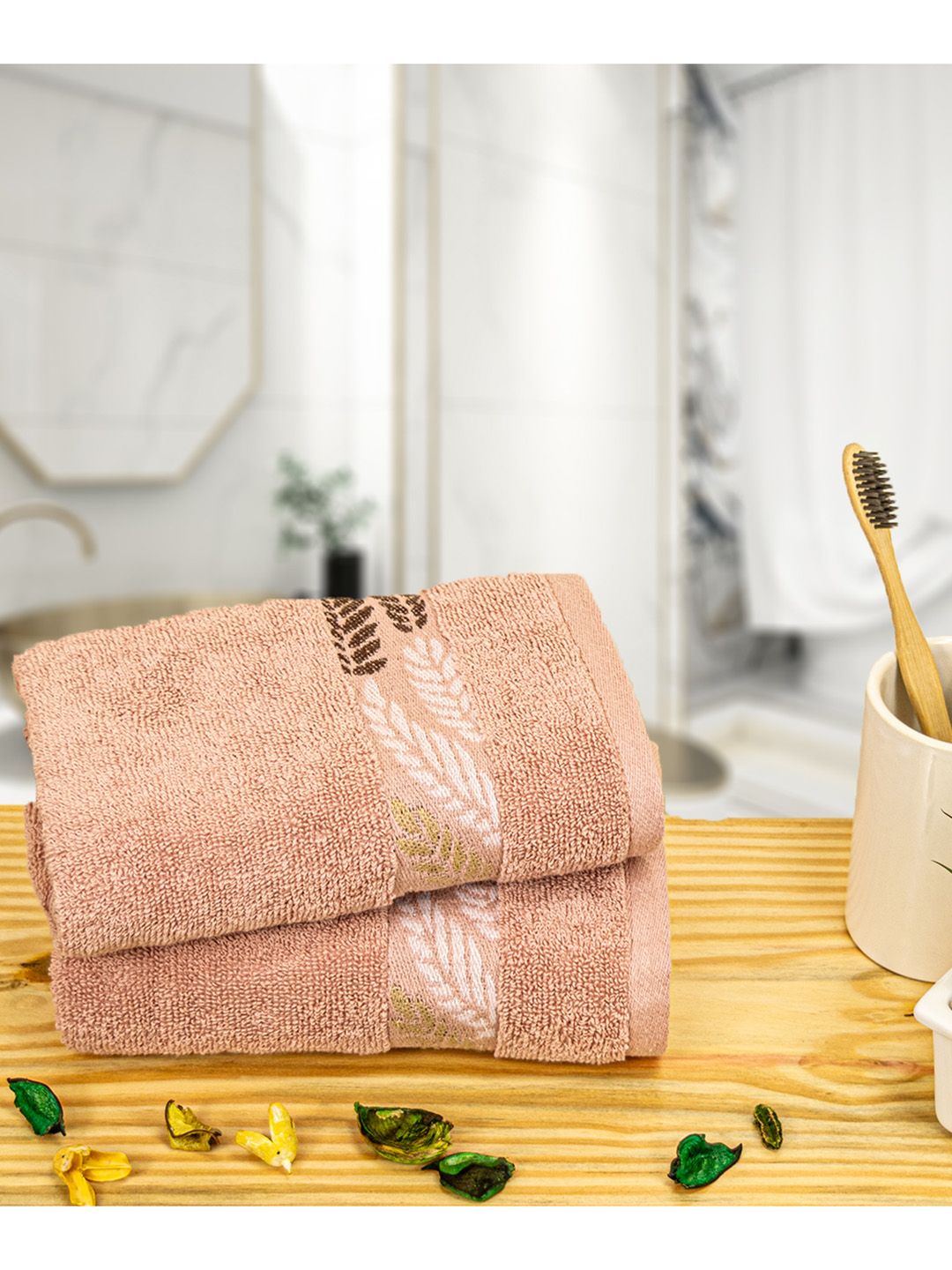 RANGOLI Peach & White 2 Pieces 470 GSM Printed Pure Cotton Hand Towels