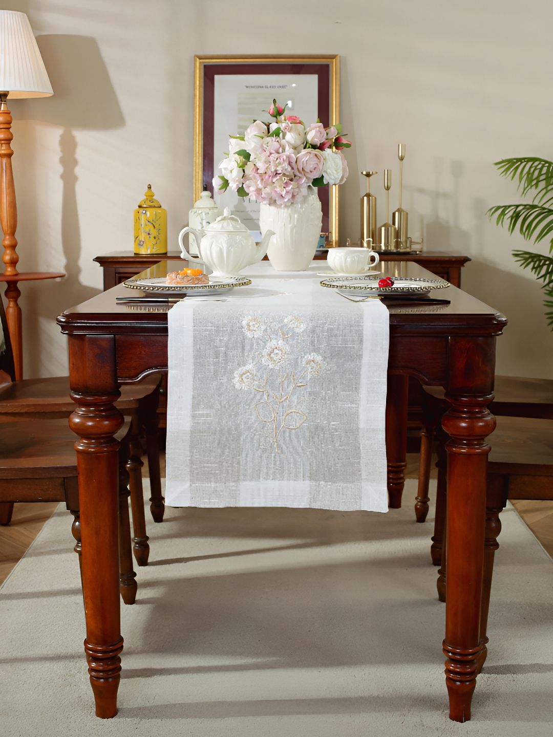 TANLOOMS White & Camel Brown Embroidered Table Runner