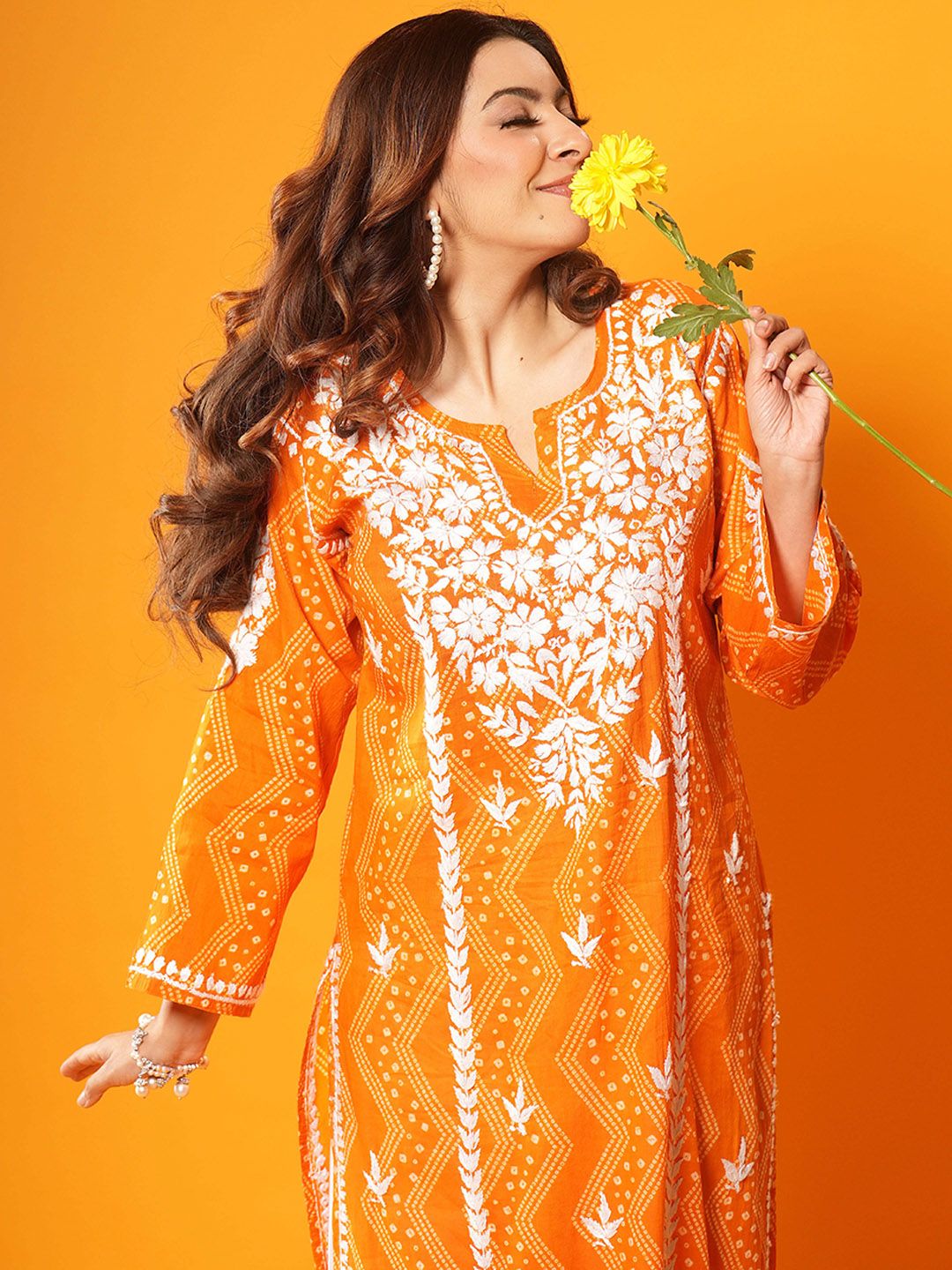 Women Chikankari Kurta House of Chikankari Women Orange Mulmul Chikankari Embroidered Kurta