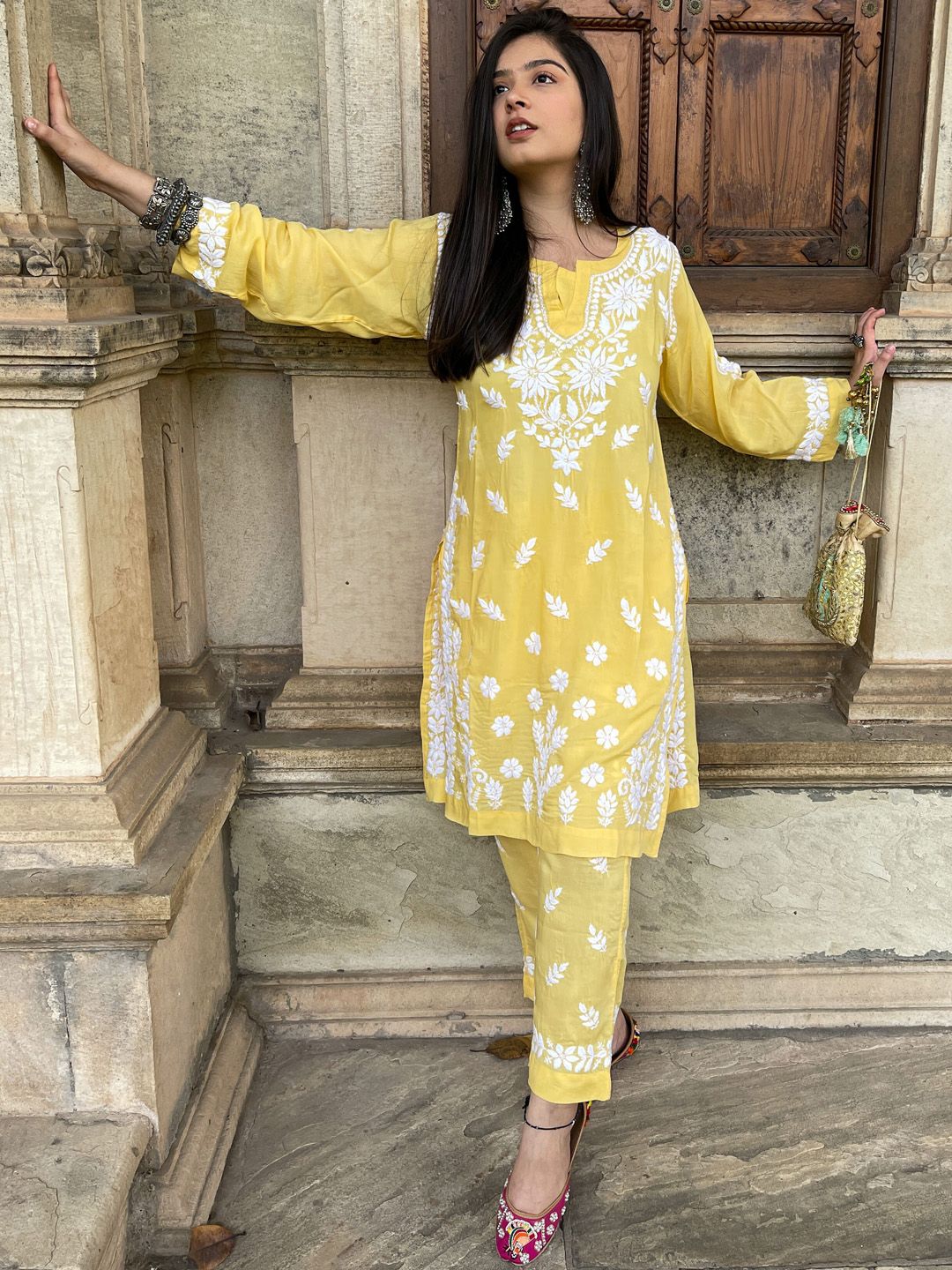 Women Chikankari Kurta Set House of Chikankari Women Yellow Modal Chikankari Embroidered Kurta Set