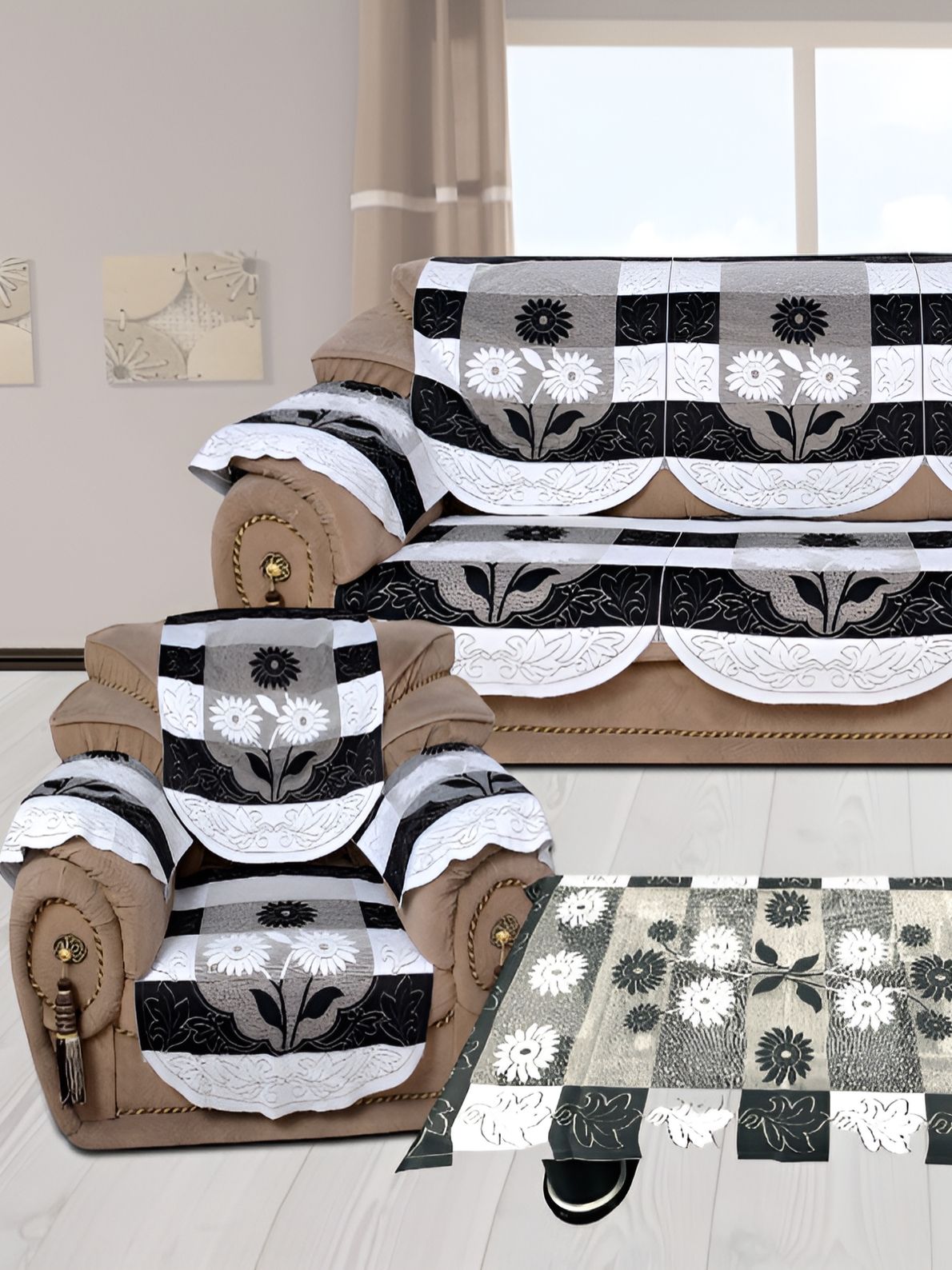 BIGGER FISH Polycotton 5 Seater Sofa Cover with Arms Cover and Table Cover-28x23In