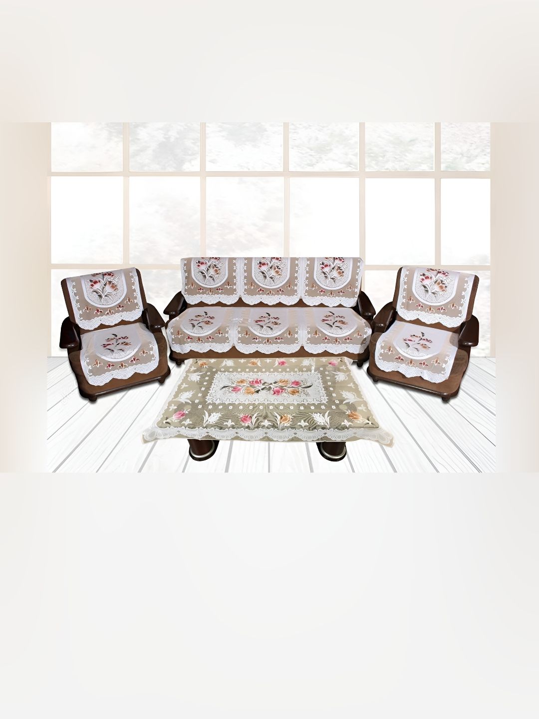 BIGGER FISH BIGGER FISH Polycotton Washable 10PC Straight 5 Seater Sofa Cover with Table Cover-28x23In