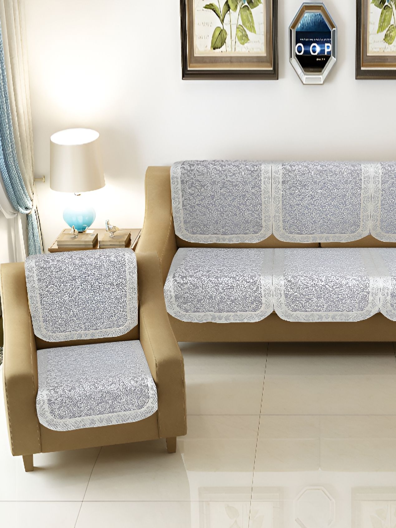 BIGGER FISH BIGGER FISH Grey Floral Polycotton Washable 10PC Straight 5 Seater Sofa Cover-28x23In