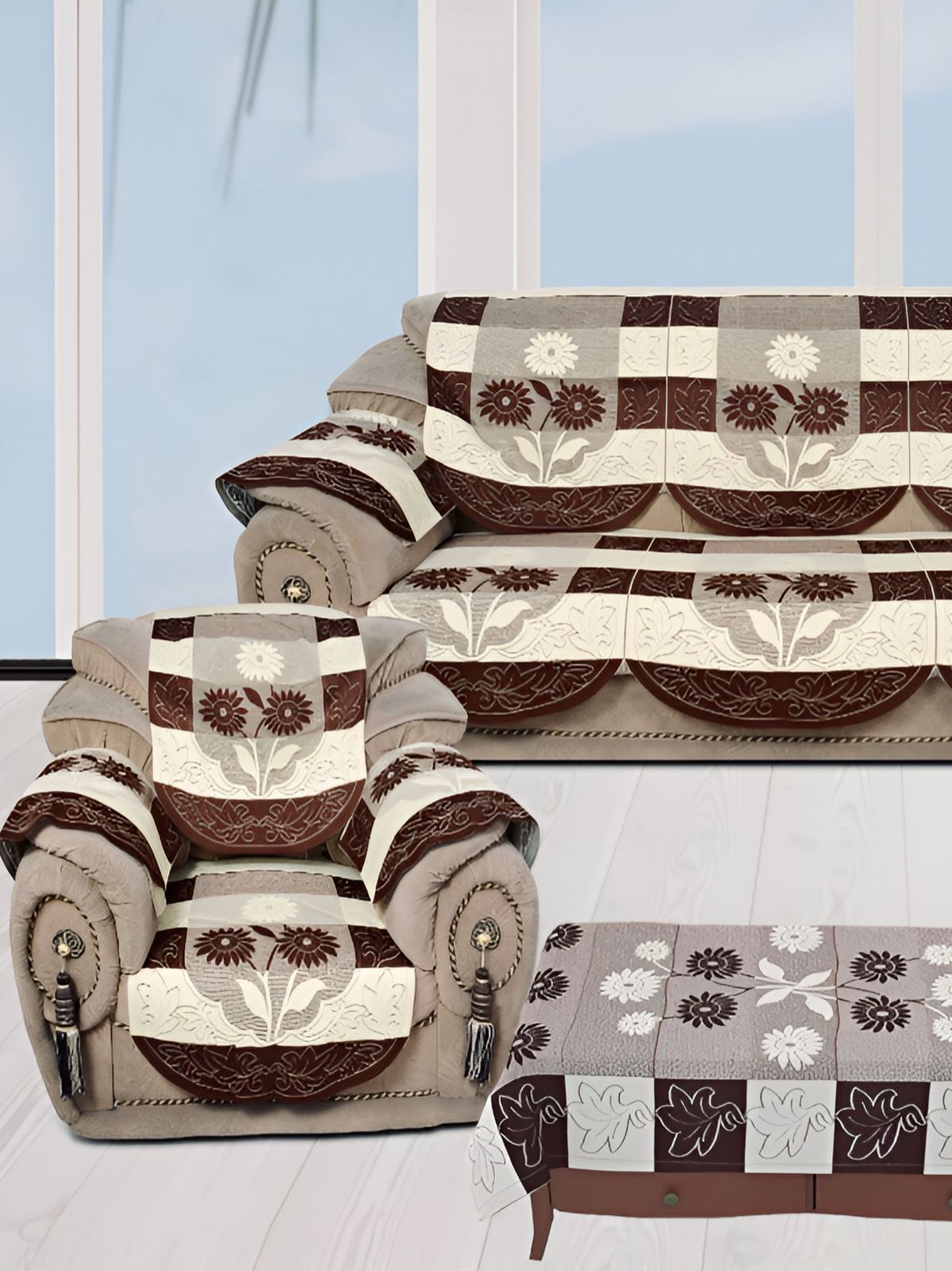 BIGGER FISH Polycotton 5 Seater Sofa Cover with Arms Cover and Table Cover-28x23In