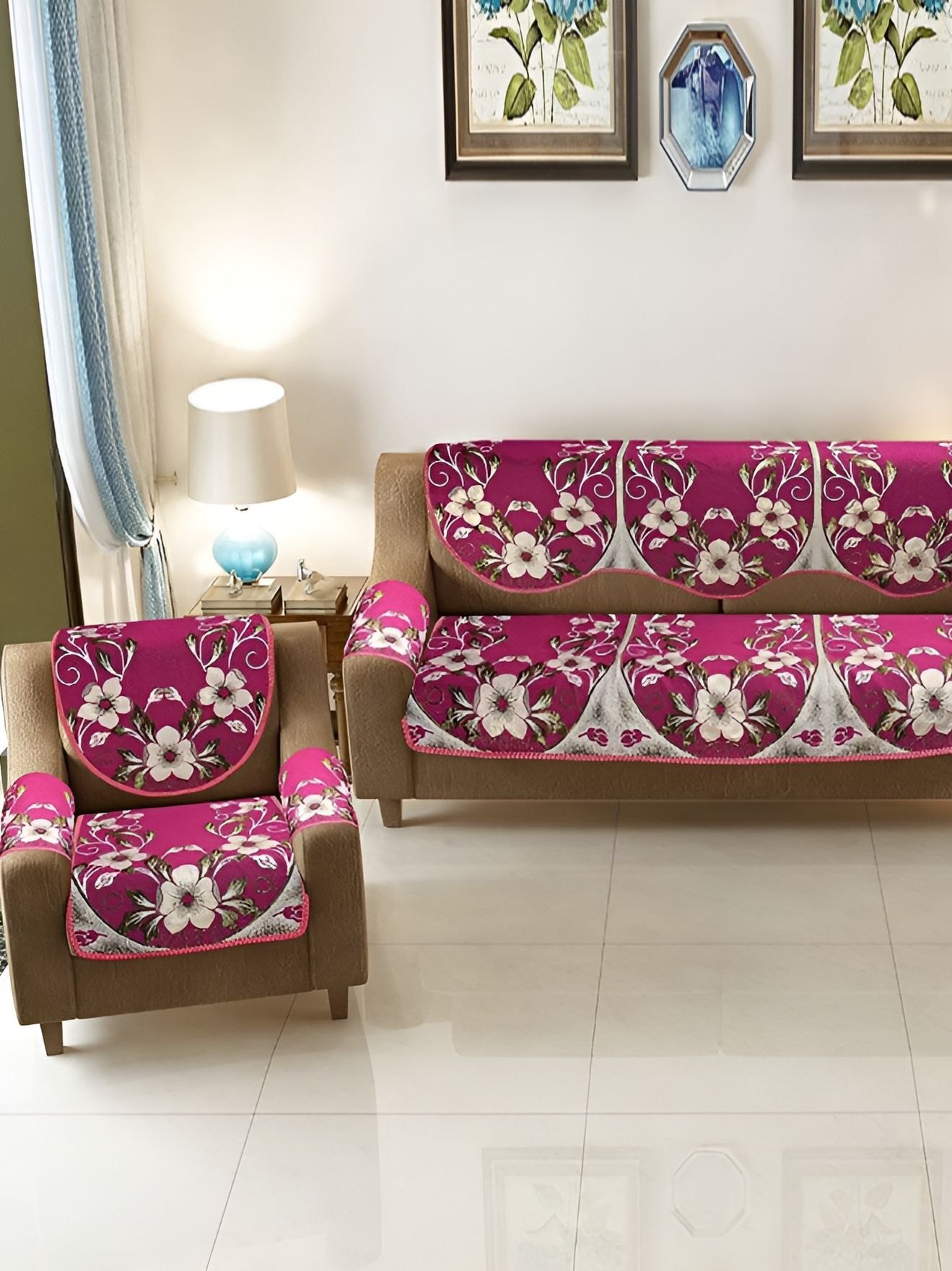 BIGGER FISH Pink & Cream Embroidered 5 Seater Sofa Cover