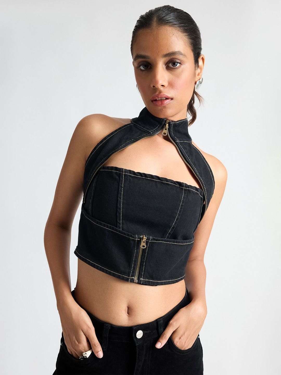 トップス FRANGANT Torso tops BLACK Buy FREAKINS Halter Neck Cotton Denim Crop Top - Tops for Women