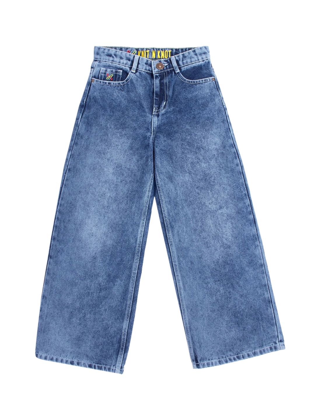 Knit N Knot Girls Wide Leg High-Rise Clean Look Light Fade Cotton Jeans