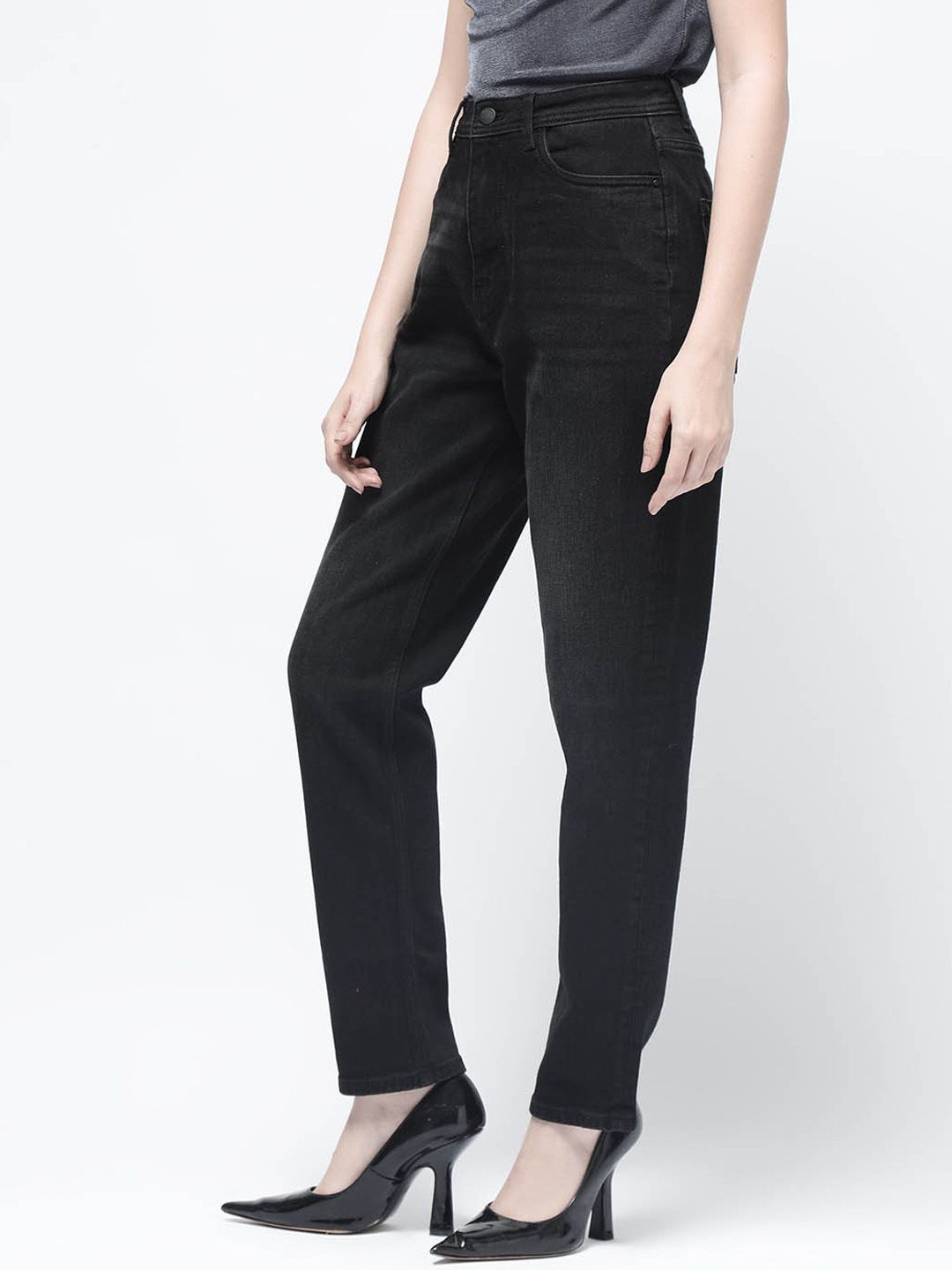 Black Plain Mom Fit Fit Mid Rise Jeans