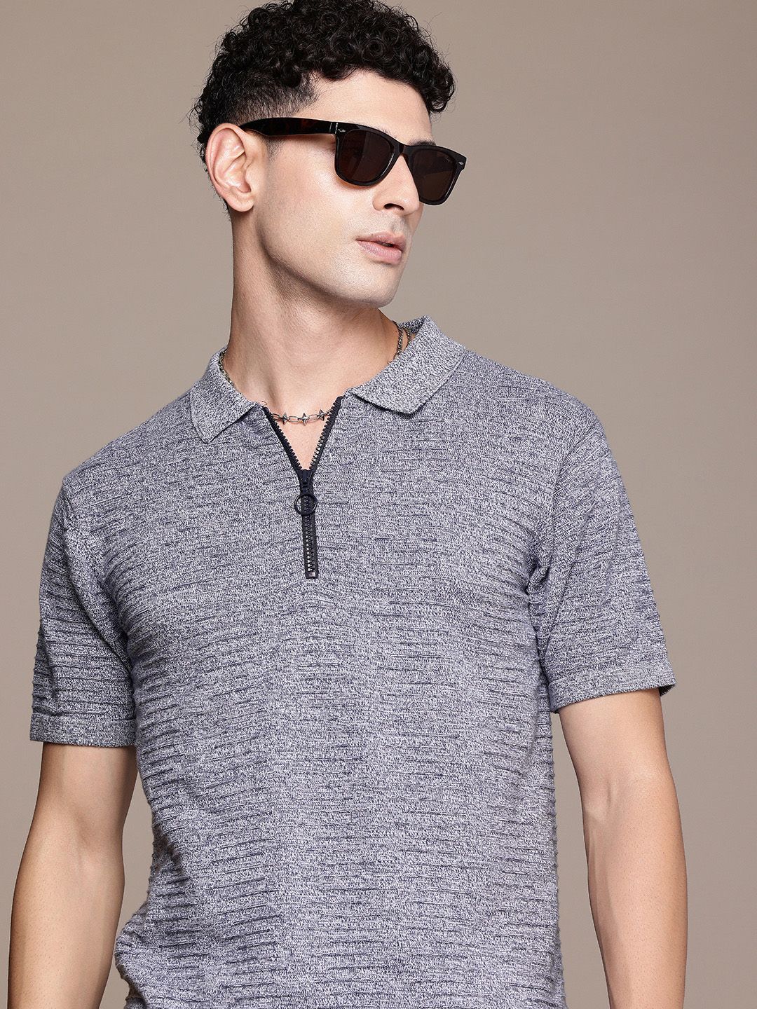 Roadster Men Self Design Polo Collar T-shirt