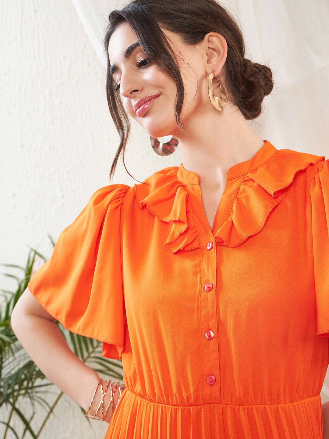 Buy SASSAFRAS Frill Neck Accordion Pleated Flared Sleeve Georgette