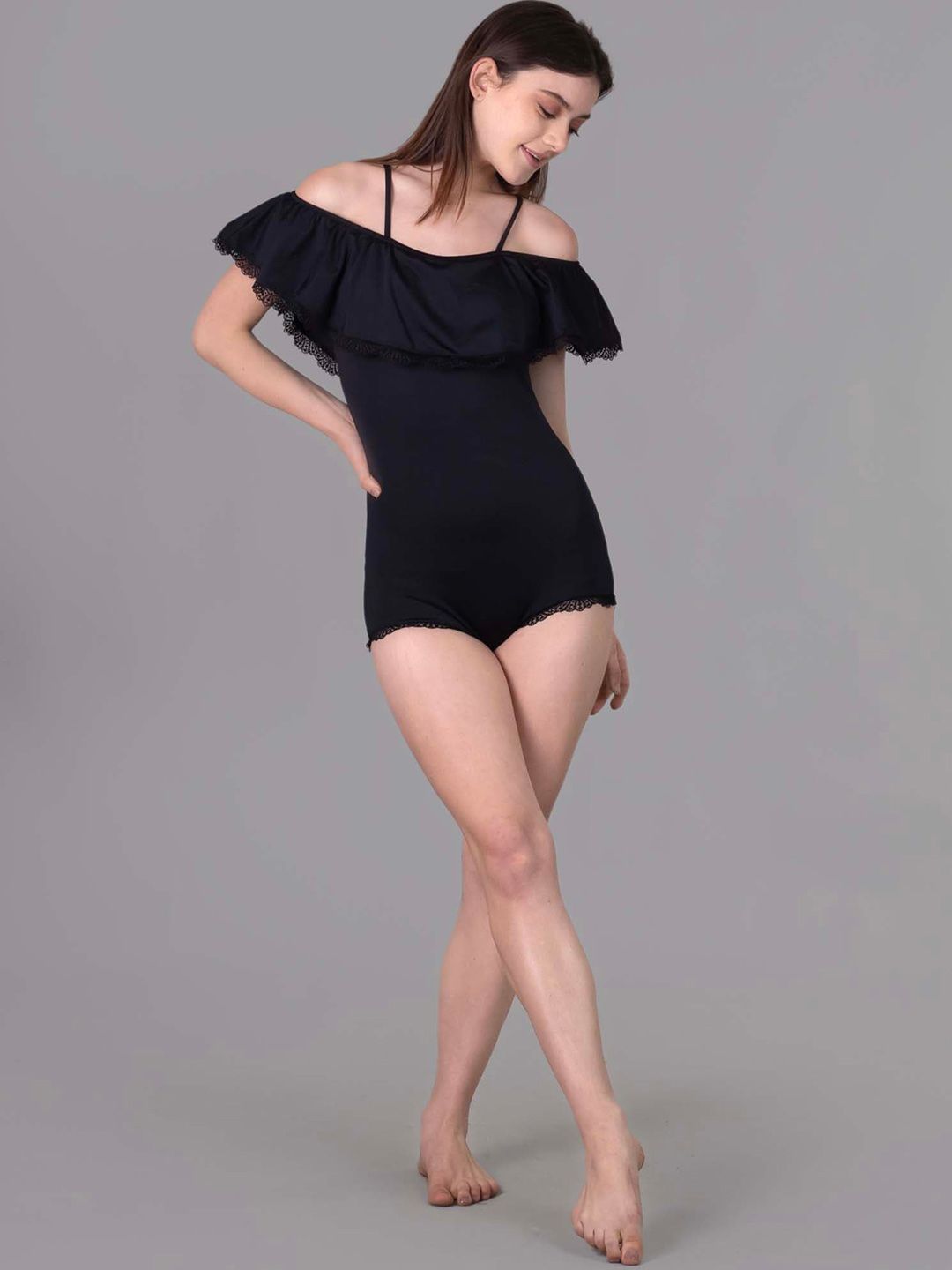 Keepfit Off Shoulder Ruffled Black Padded Bodysuit for Women
